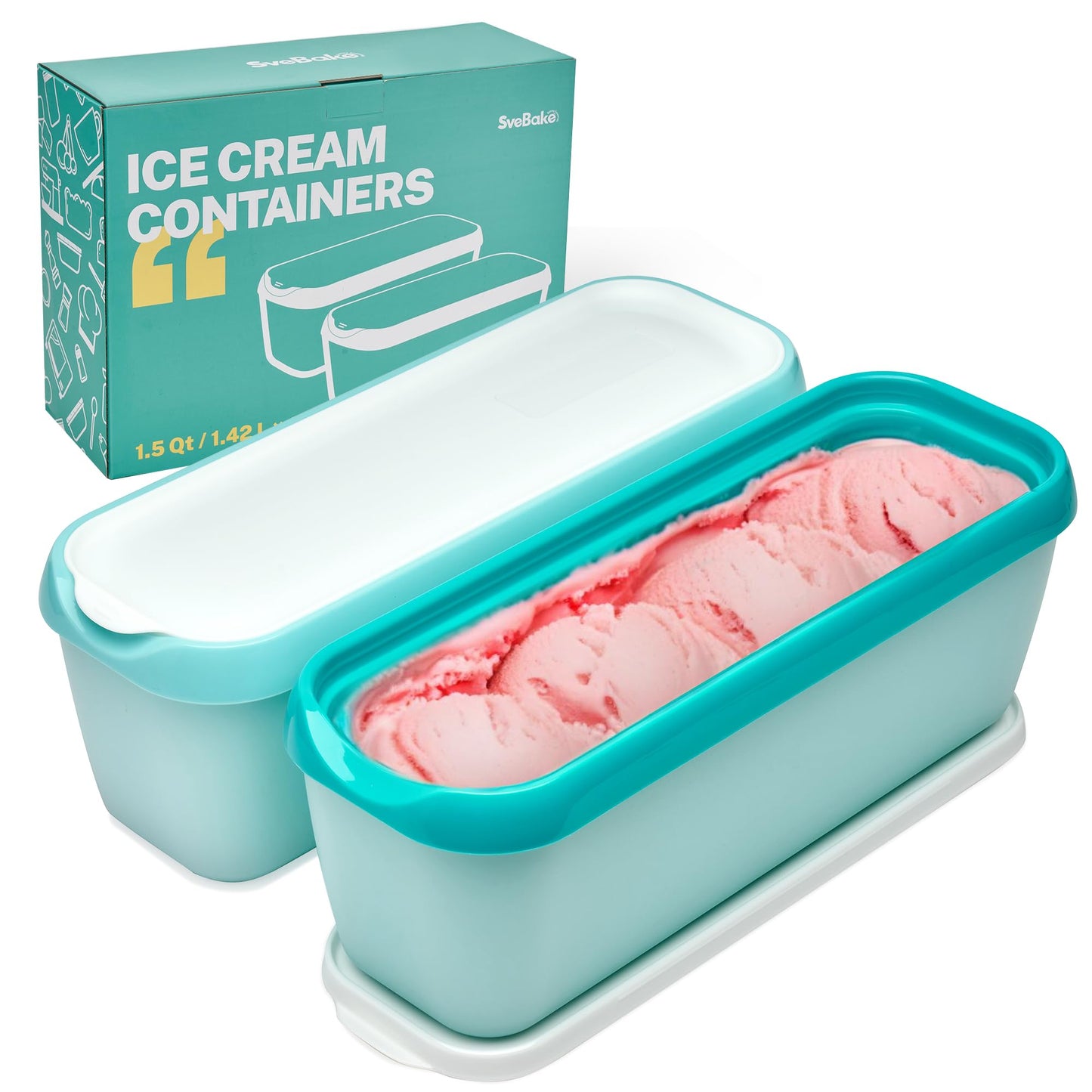 SveBake Ice Cream Storage Containers with Lids 2 PACK - 1.5 Quarts Homemade Ice Cream Tubs, Freezer Containers, Turquoise & Green