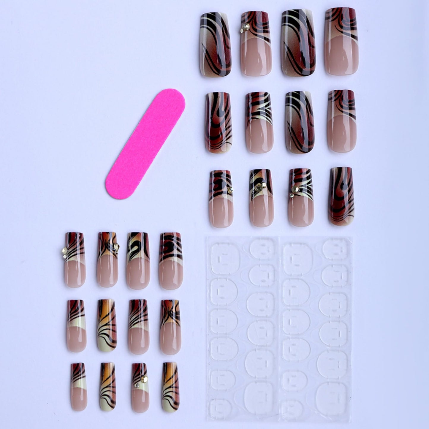 Square Press on Nails Medium Fake Nails Brown Acrylic Nail Press ons SEENEEY Tiger PrintDesigns Rhinestones Stick on Nail for Women 24pcs