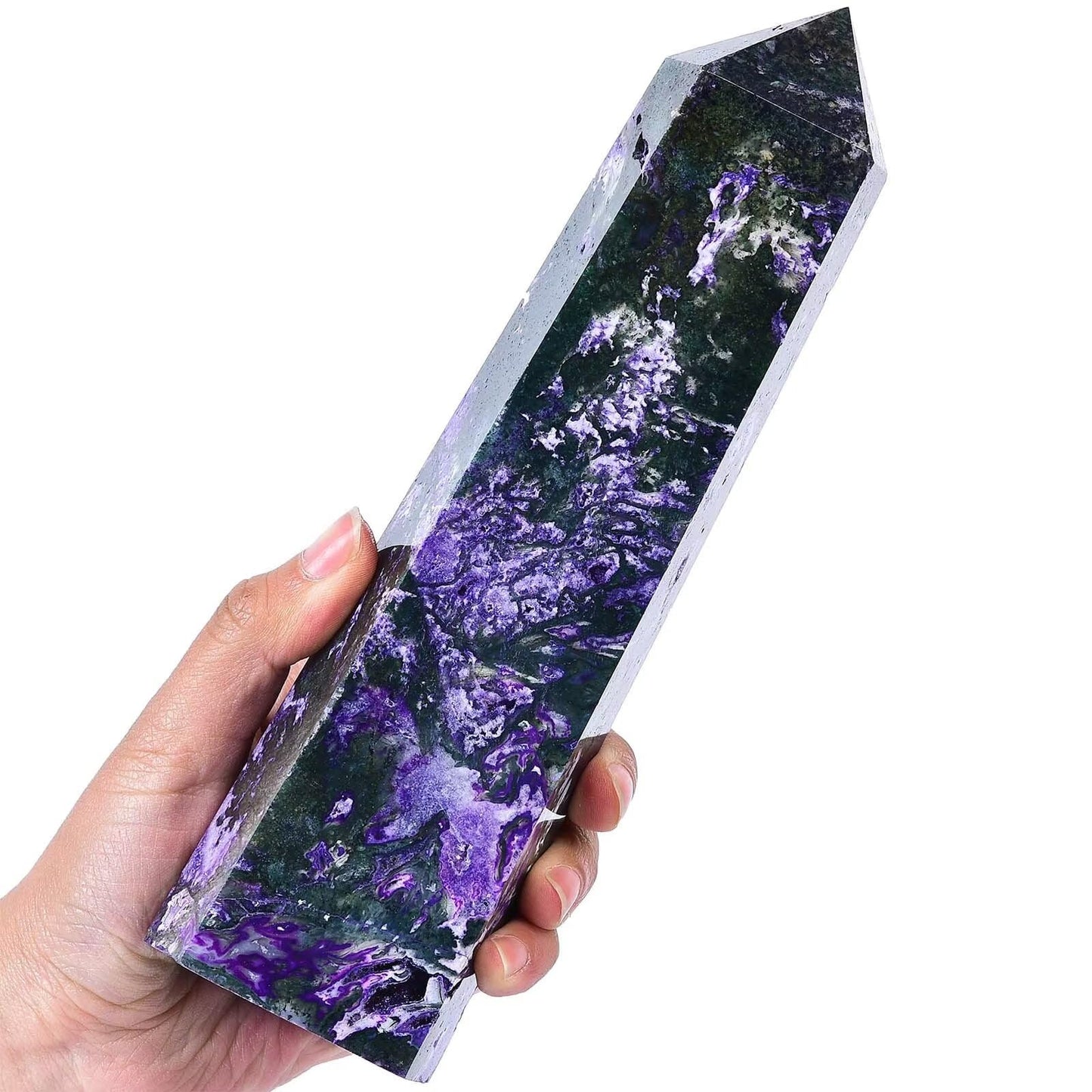 Purple Moss Agate Stone Tower Obelisk Healing Crystal Rock Point Wand Reiki Healing Gifts 1.1-1.7 LBS