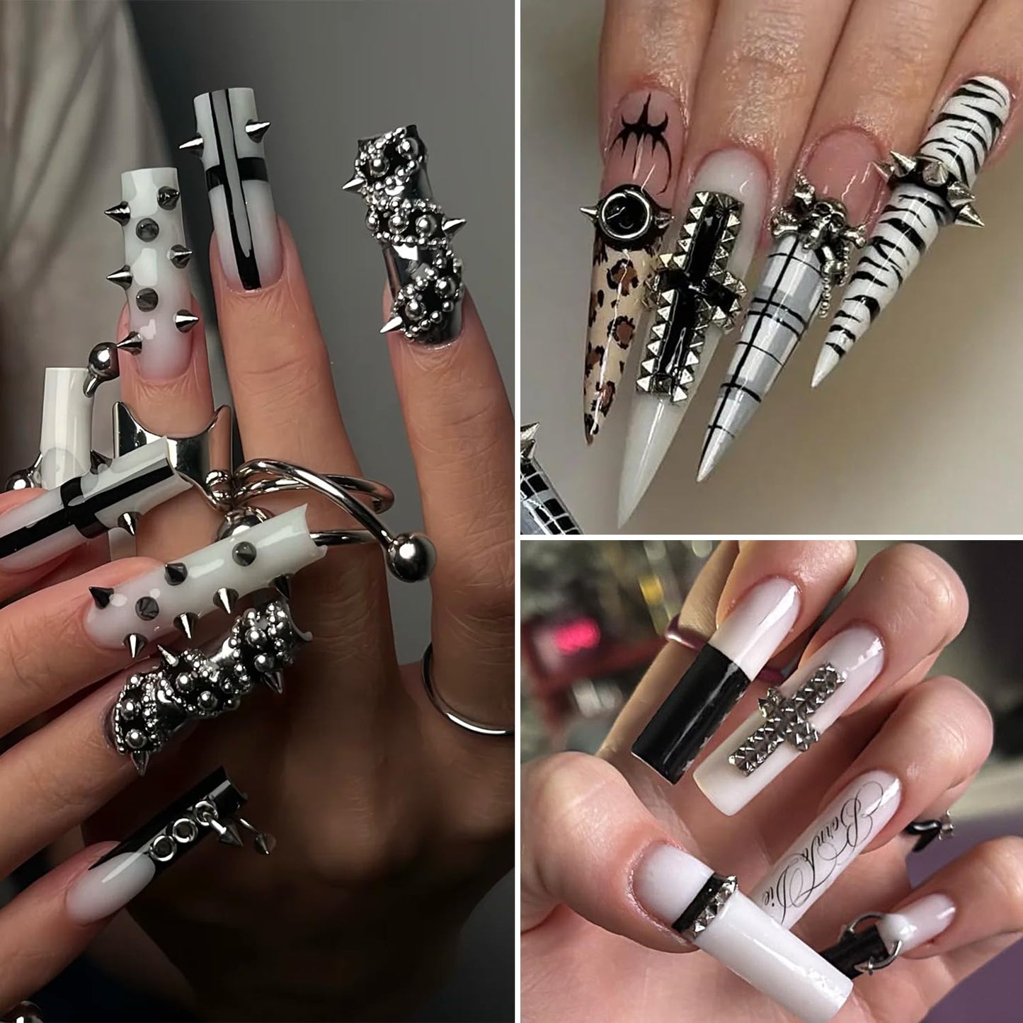 Furtherpretty Cone Spike Nail Charms Set, 3D Tiny Metal Square Pyramid Studs for Nails, Mixed Sizes Black & Silver Flat Back Punk Nail Charms, Gothic Y2K Rock Edgy DIY Manicure Decorations