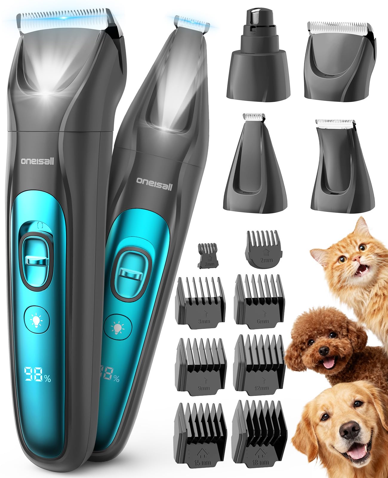 oneisall Professional Dog Grooming Kit at Home: All-in-One Quiet Clippers & Nail Grinder with LED Light, 2000mAh Cordless Dog Shaver, Safe Poodle Grooming Kit for Paws, Face, Ears & Body