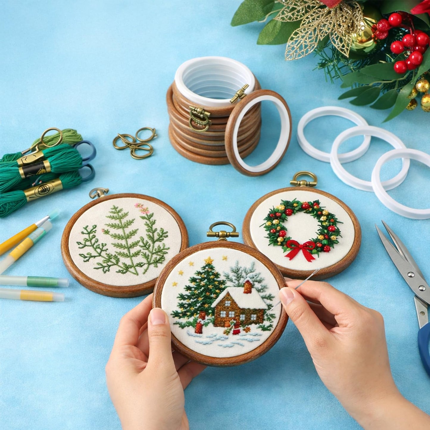 10 Pcs 4 Inch Mini Embroidery Hoops, Imitated Wood Round Frame Set for DIY Beginners, Cross Stitch Display, Handmade Gift for Christmas Home Decor