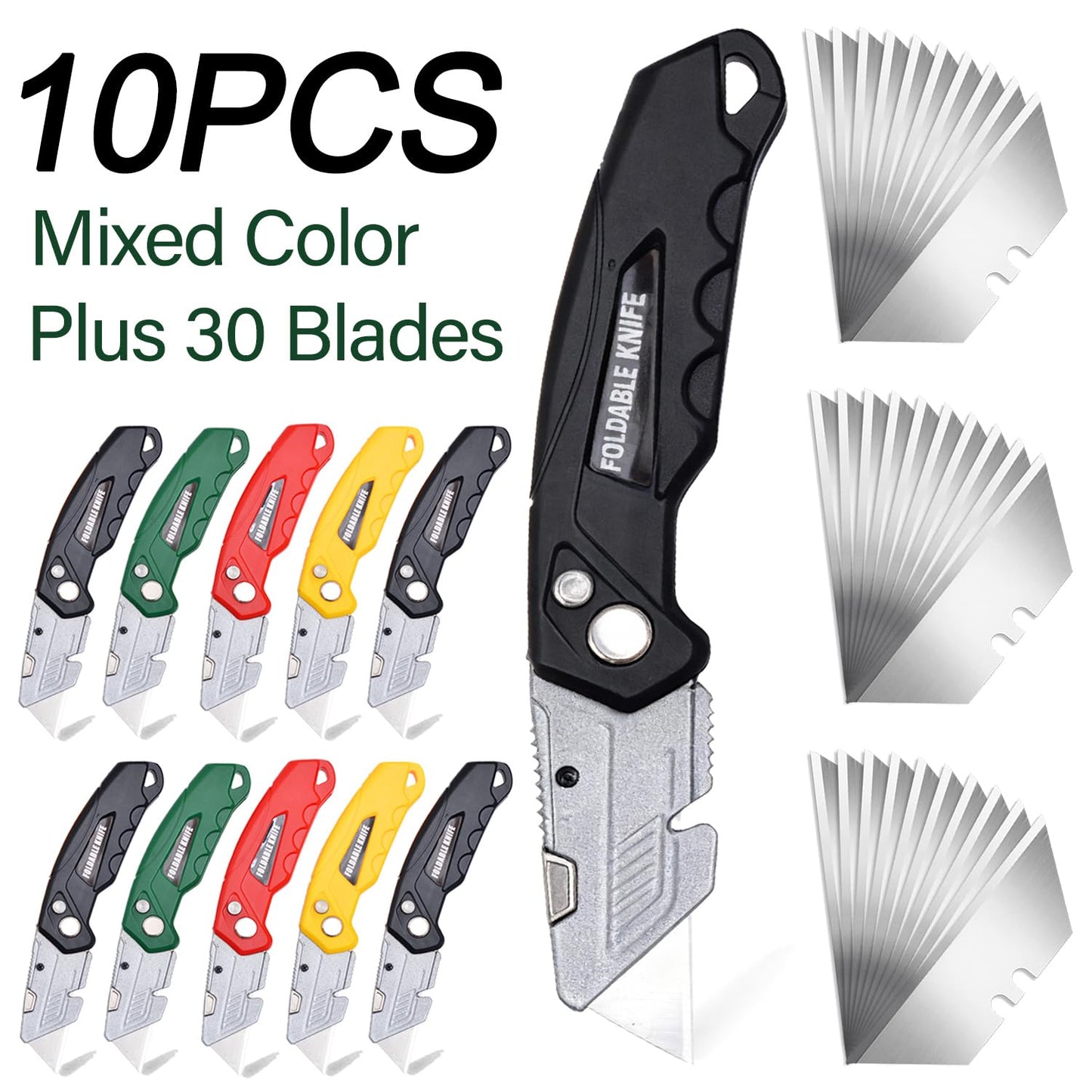 10-Pack Safe Lock Folding Box Cutter Set with 30 Replacement Blades, Professional Utility Razor Knife Bundle (Box Cutter Plus (10Pcs))