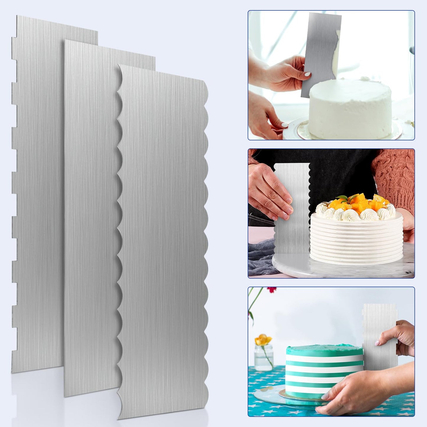 3 Pcs Stainless Steel Cake Scraper, 8.6-inch Double Sided Patterned Edge Stripe Edge Smoother Scraper, Cake Decorating Comb Metal Cake Scraper for Butter Mousse Cream Decoration