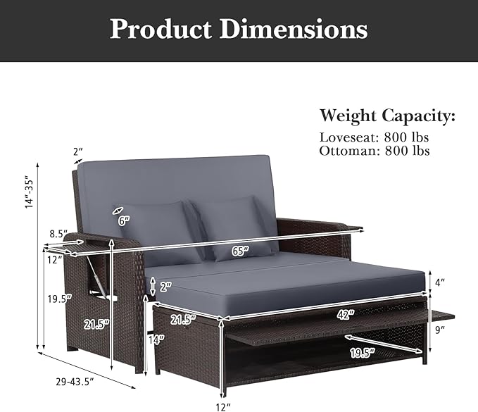 HAPPYGRILL Patio Rattan Wicker Daybed with Loveseat & Storage Ottoman, Outdoor Lounge Sofa Furniture Set with Adjustable Backrest & Side Trays, for Poolside Deck Porch Lawn (Mix Brown & Grey)