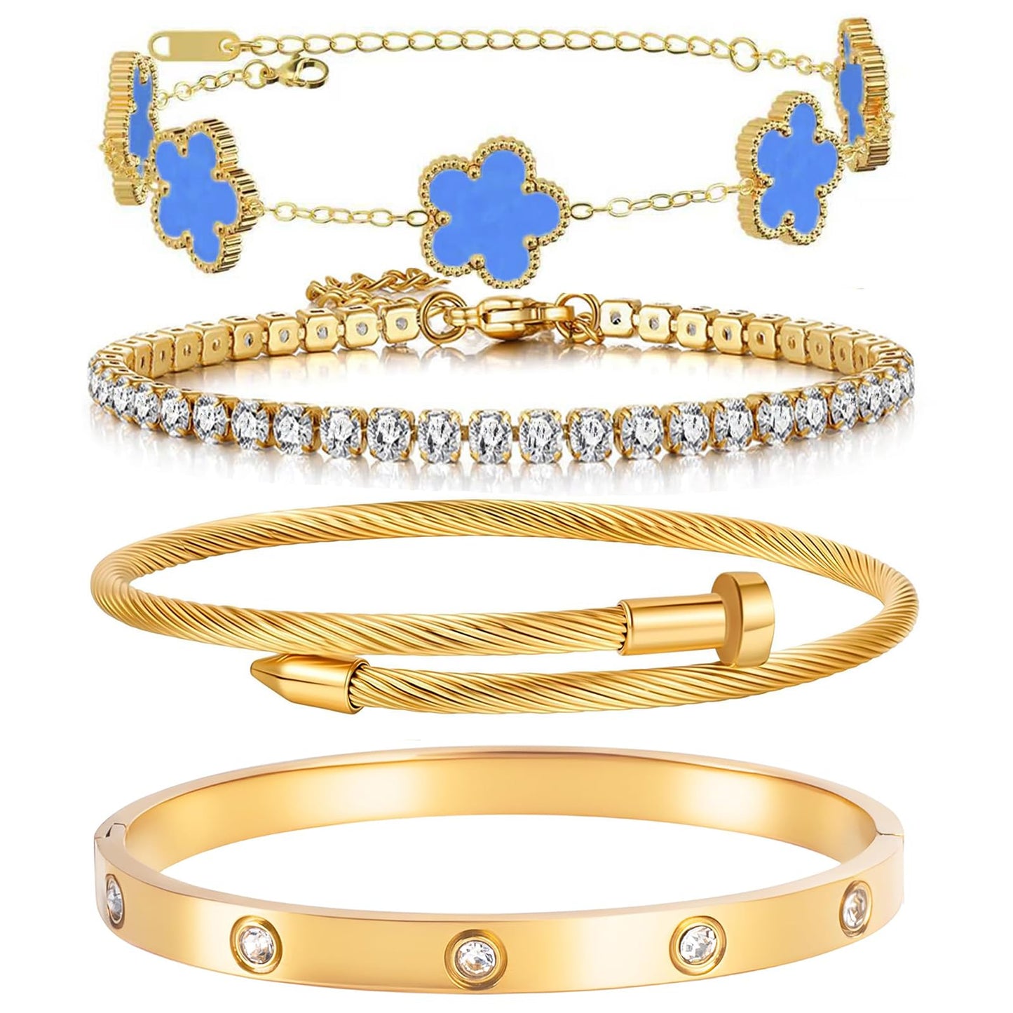 MEIERYA 18K Gold Plated Womens Stackable Floral Bracelets Set,Twisted Cable Bangle,Trendy Jewelry,Waterproof adjustable bracelet,Christmas Birthday Gifts for Girlfriend or Mother. (01-Color-blue)