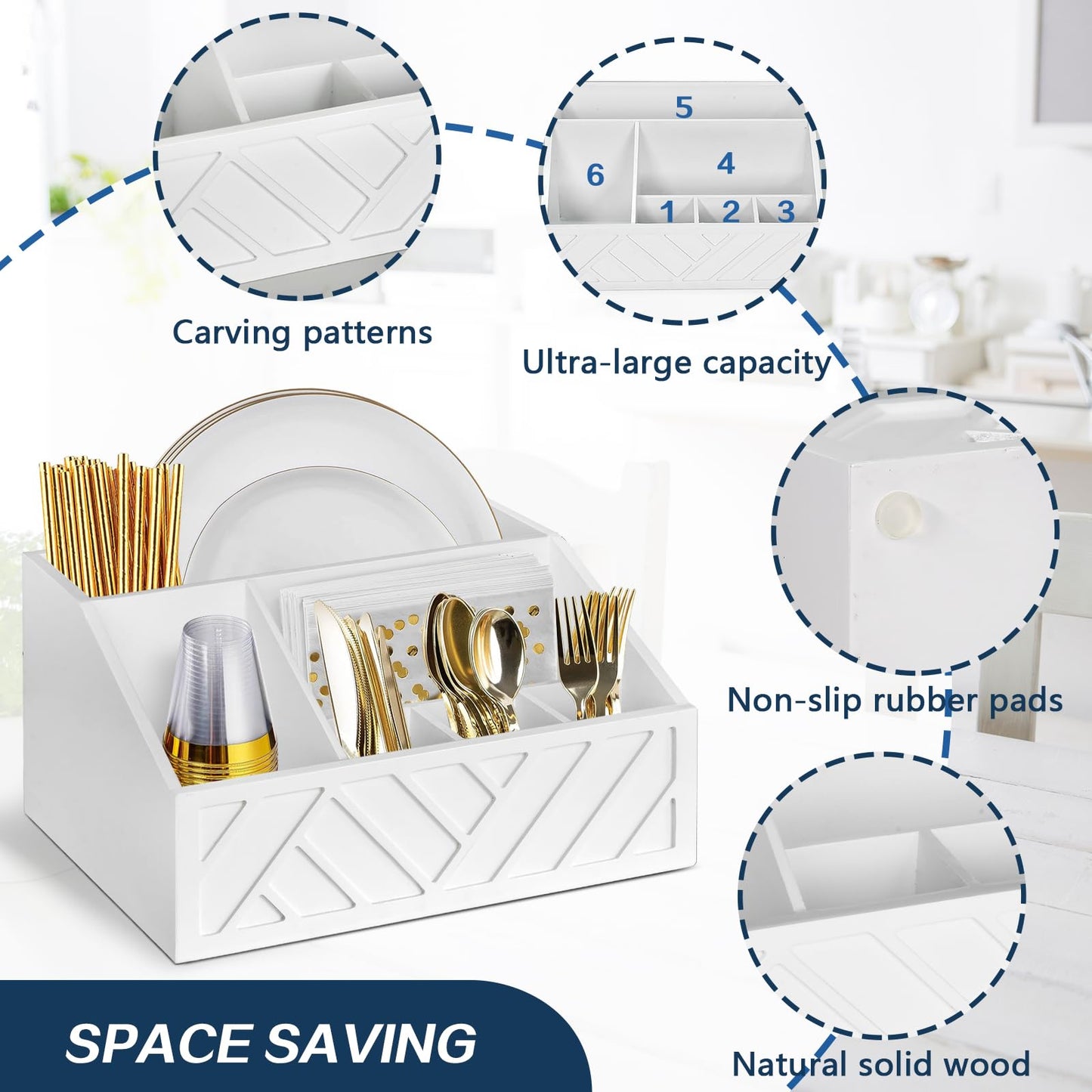 Ukonvi Paper Plate Dispenser, Paper Plate Holder for Kitchen Counter, Wood Rustic Silverware Utensil Caddy, Cutlery Flatware Organizer Box for Cups Spoons Forks Plates Napkins, Kitchen Accessories