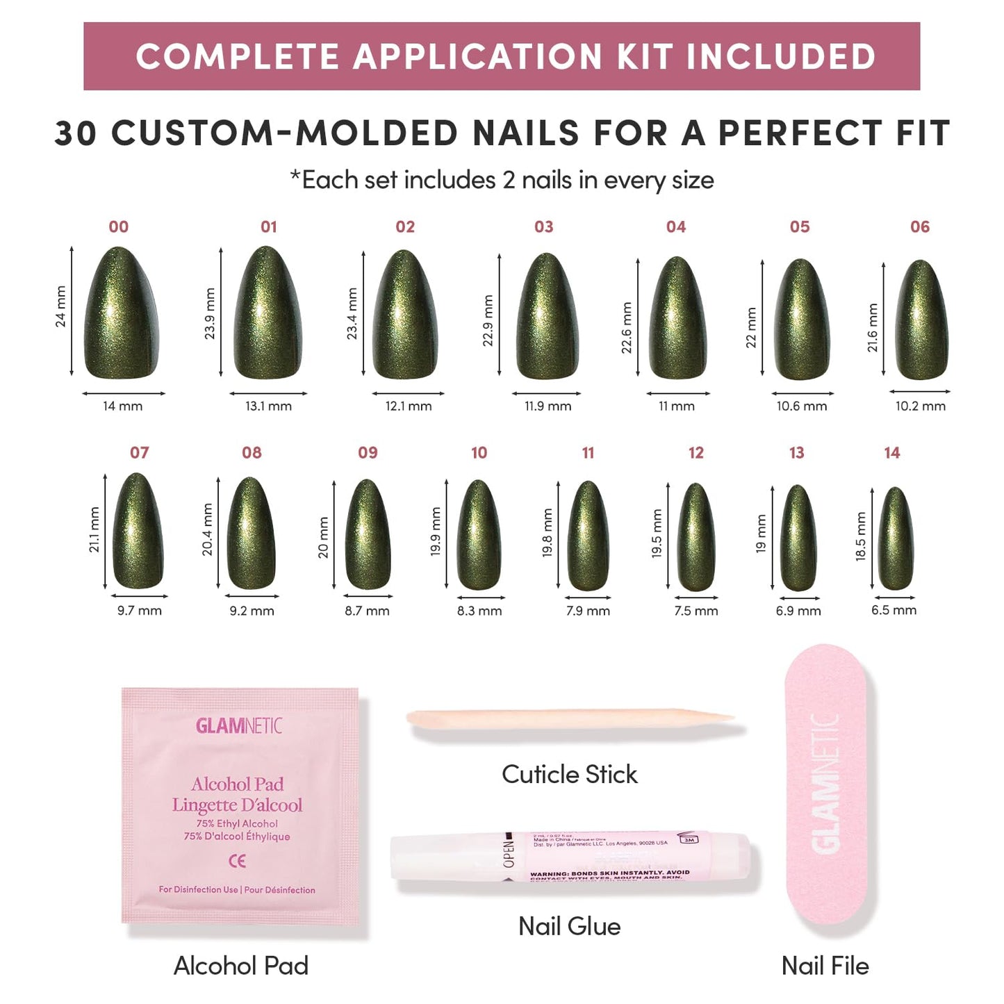 Glamnetic Press-On Nails Bundle - Cutie Pine, Fall Mauve & Caviar | Medium Almond Fake Nails in Deep Evergreen with a Pearl Chrome Finish | Muted Blush Mauve Short Oval False Nails | Short Almond Blac