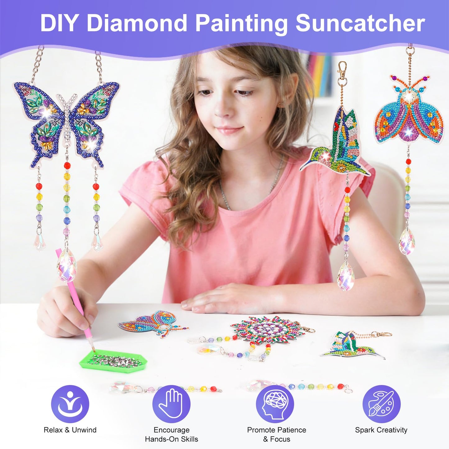 VibyTiby 5 pcs Diamond Art Kit, Suncatcher Craft, Complete DIY Kit with Crystals Pendants for Home Decor, Creative Gift for Crafters