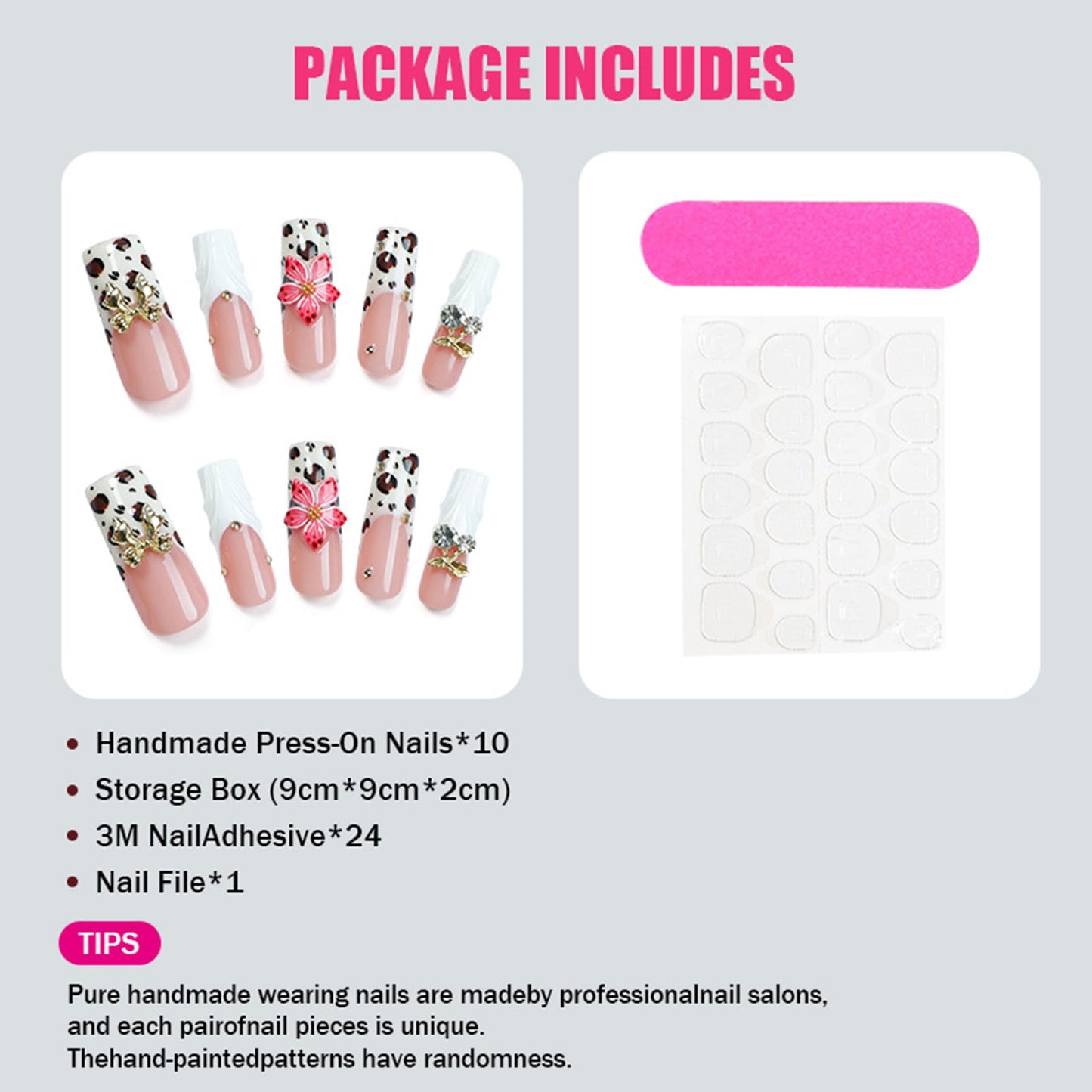 Handmade Press On Nails - White French Tip Press on Nails Long Square Fake Nails with 3D Flower and Rhinestones Bow Designs Long Acrylic Sparkly False Nails for Women Nails DIY 10Pcs(Size M)