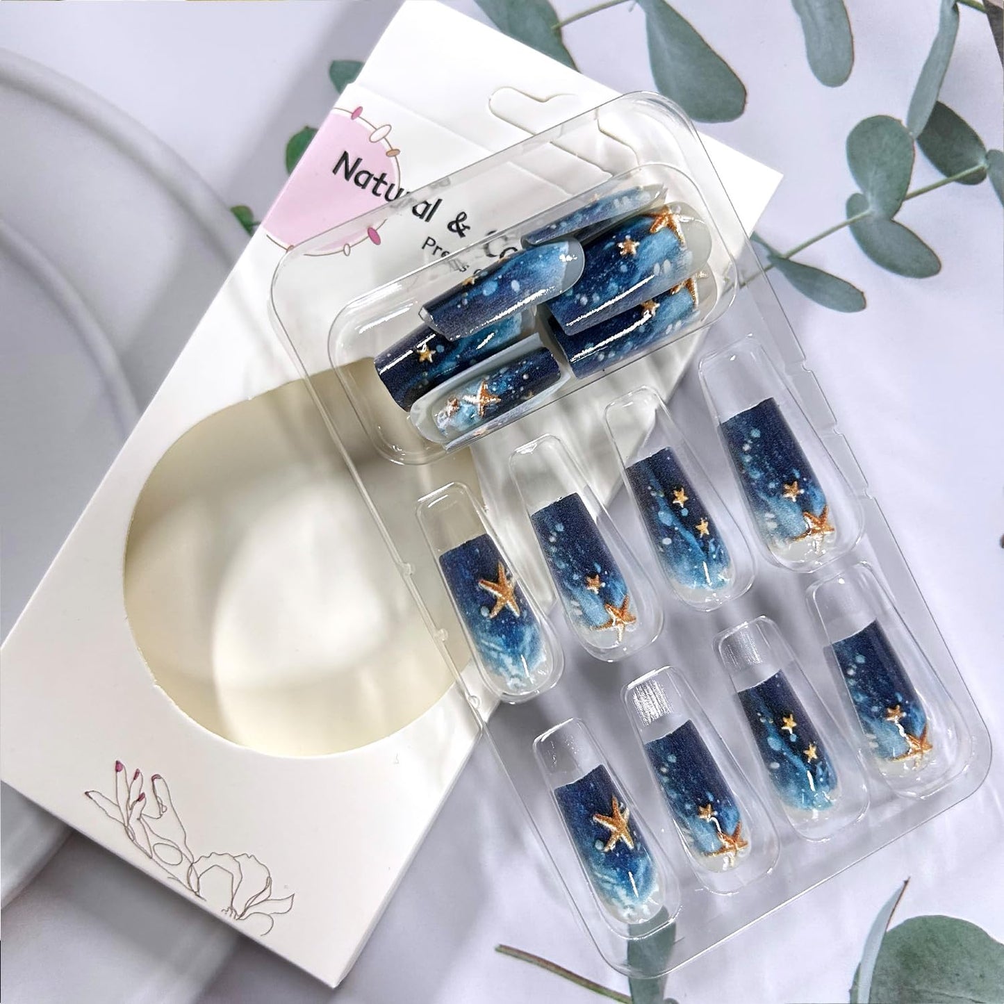 Dark Blue Gradient Press on Nails Medium Square Artificial Acrylic Nails Embossed 3D Gold Starfish Design Glossy Stick on Full Cover Reusable Coffin Artificial Fingernails Glue on Nail for Women 24Pcs