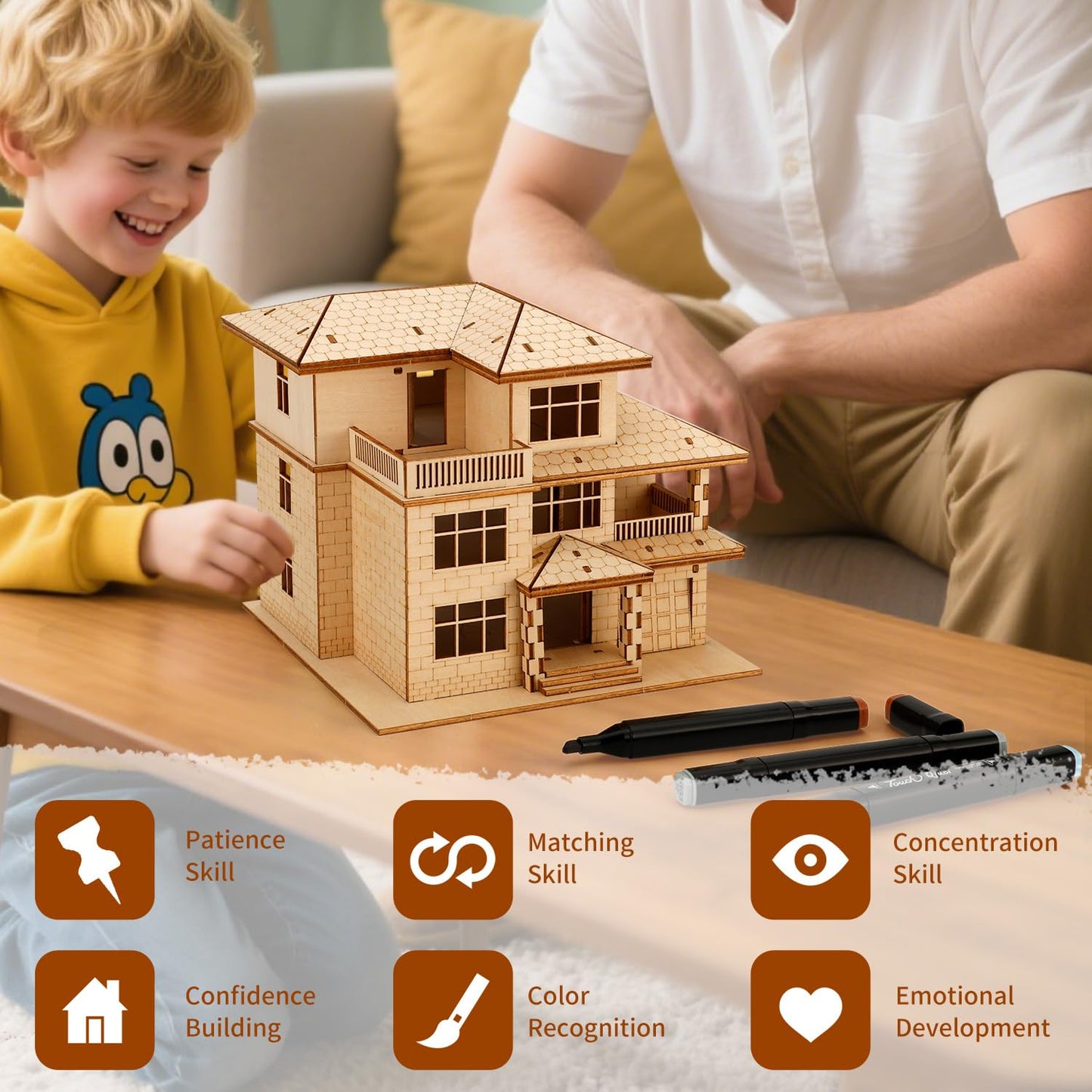 3D Wooden Puzzles for Adults,DIY Color Modern Villa Wooden Model Kits,Creative Art Ornaments,Gift on Birthday