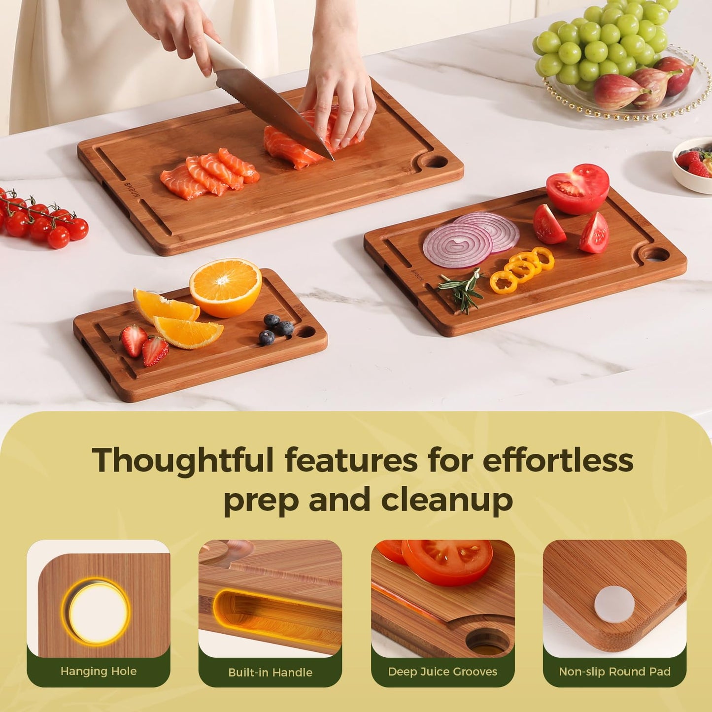 Bamboo Cutting Board for Kitchen – 3-Piece Wooden Boards with Juice Grooves, Side Handles, Non-Slip Mats – Perfect for Meat, Veggies, Fruit – Ideal Kitchen Gift