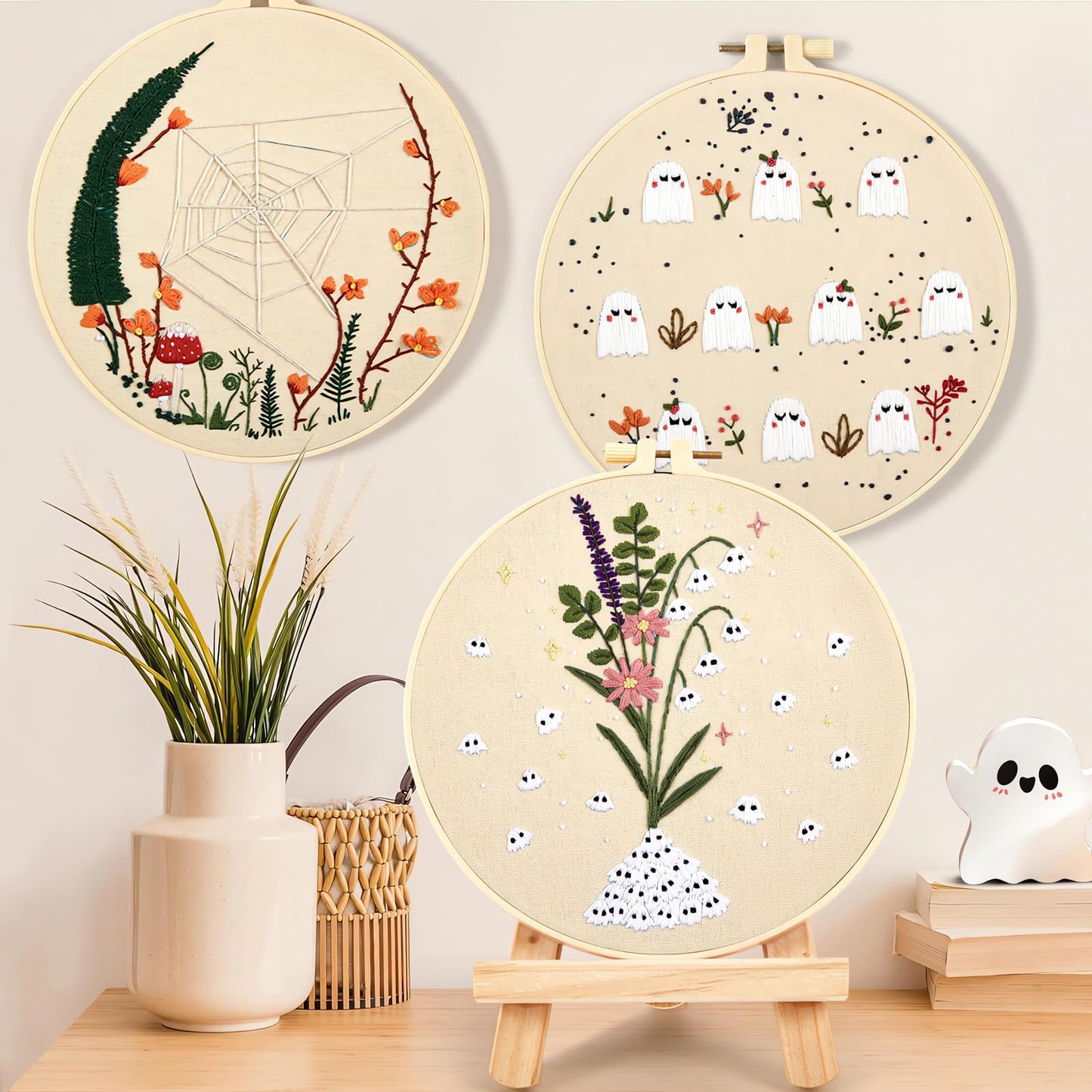Crafmanoe Cute Ghost Embroidery Kit for Beginners Adults, Halloween Embroidery Starter Kits, Funny Counted Cross Stitch Kits for Beginner Adult Hobbies for Women, 3 Set Embroidery Hoop, Fabric, Thread
