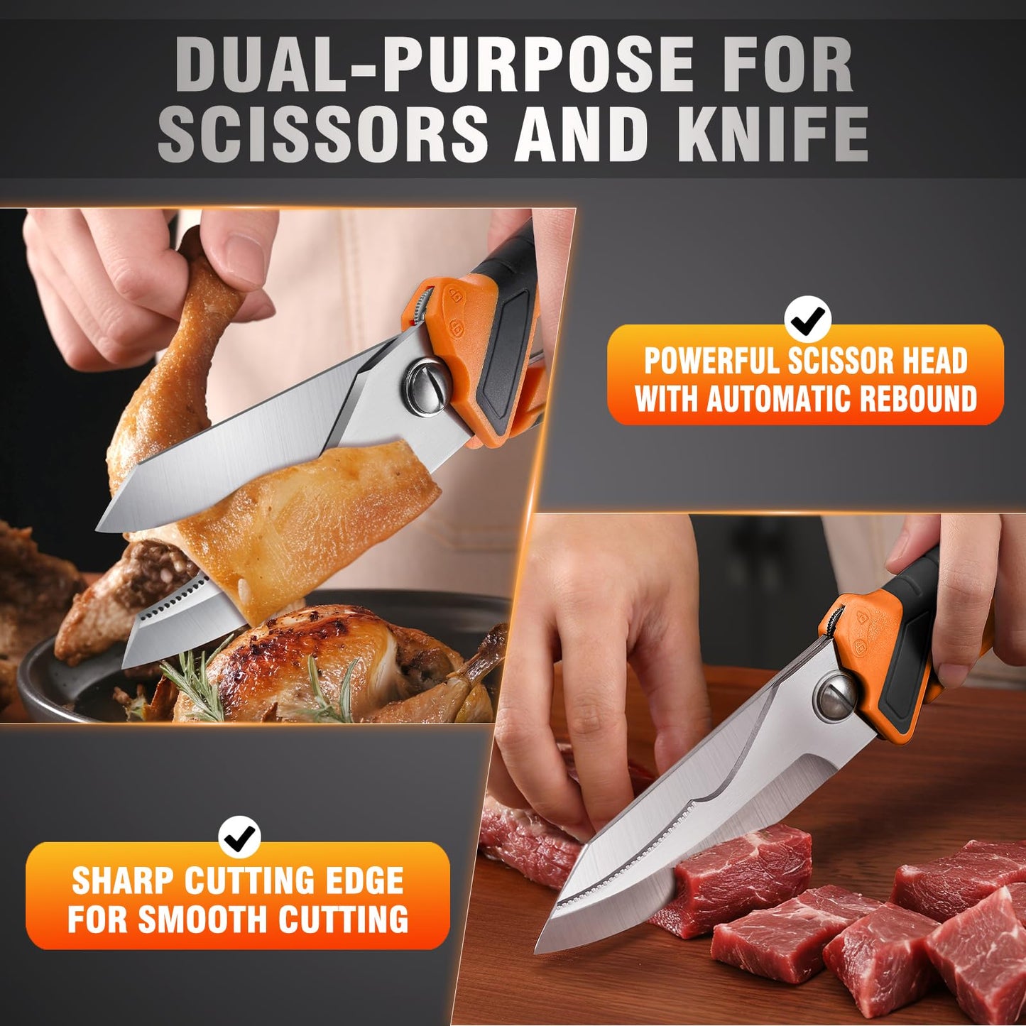 Chenovate® Heavy Duty Kitchen Scissors,Kitchen Shears with Knife & Scissor Switch Lock,Food Scissors Fit for Poultry Bones,Turkey,Meat Cutting,Veggies,Fish,Pizza(black)