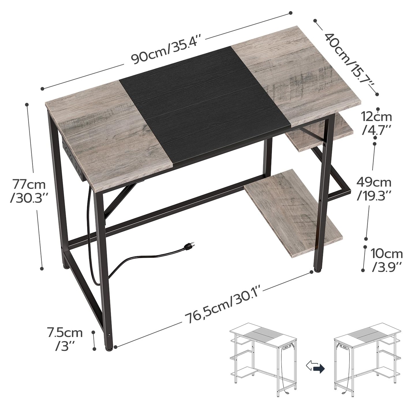 HOOBRO Computer Desk, Home Office Desk with Power Outlet, Writing Desk with 2 Shelves, Modern Small Desk for Home Office, Study, Easy to Assemble, Charcoal Gray and Black BG43UDN01
