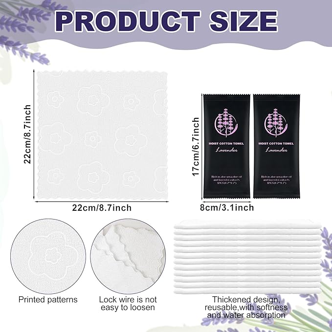 Moist Cotton Towel Bulk Moist Towelettes Individually Wrapped,White Towel Services,Refreshment Pre Moistened Towels for Dentist Travel Sport Party Hotel （Lavender,50)