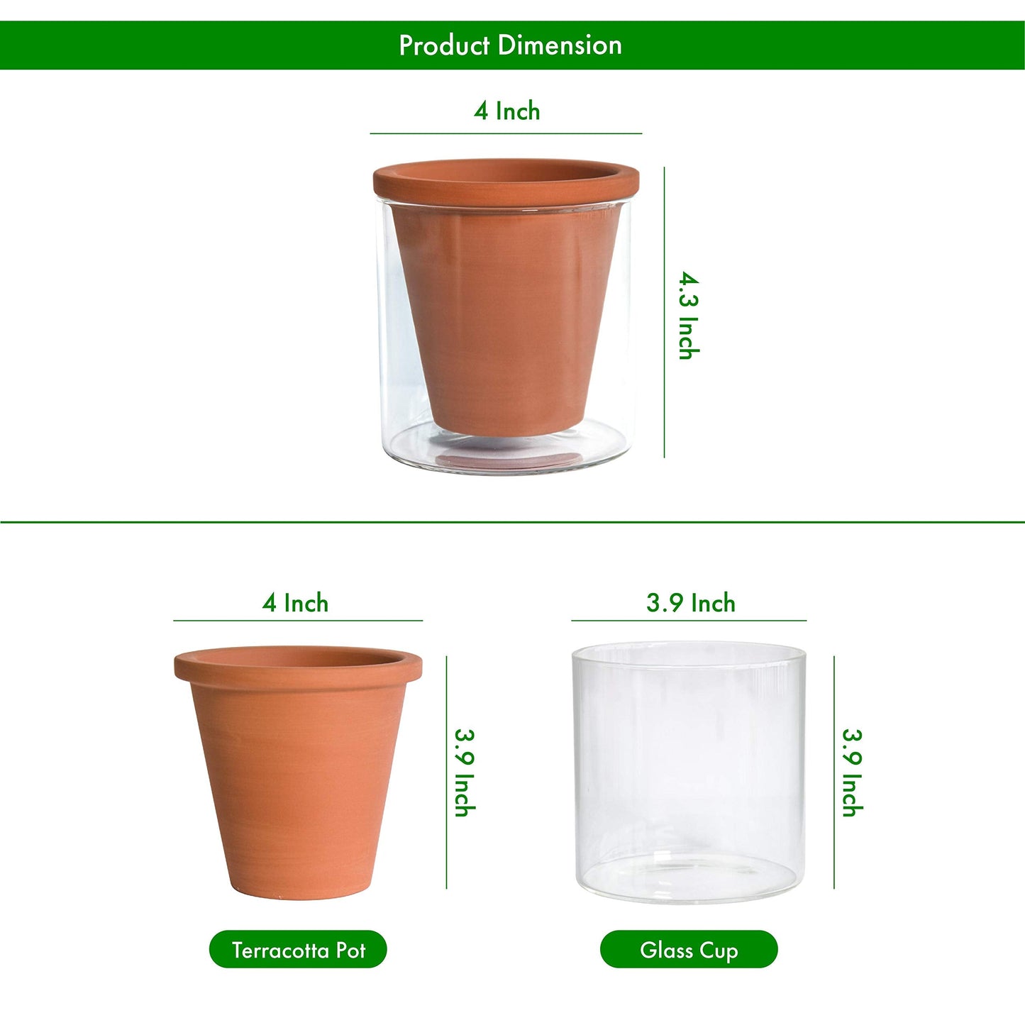 D'vine Dev 4 Inch Design Self Watering Pot for Indoor Plants, Terracotta Planter with Cylinder Glass Cup, 37-X-A-1