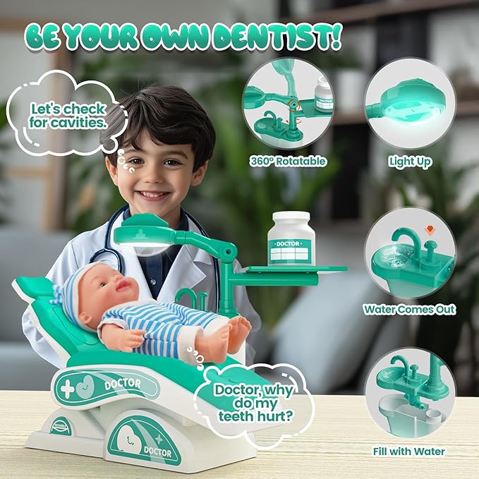 Toy Doctor Kit for Toddlers, Kids Dentist Play Set with Dentist Chair, Doll Toy, Stethoscope, Large Carrying Storage Bag, Dental Accessories, Pretend Doctor Play Medical Gift for Boys Girls(Green)
