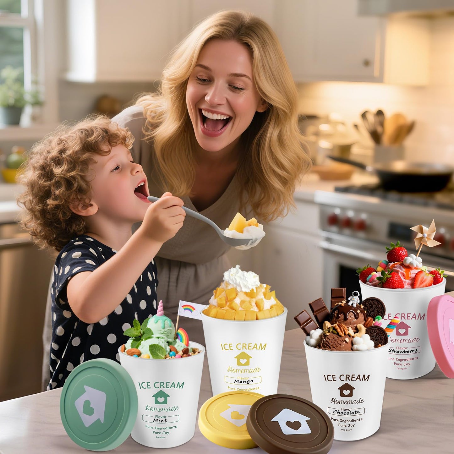 cyrico Ice Cream Containers with Silicone Lids for Homemade Ice Cream, 4 Pack 1 Quart Each Reusable Sorbet Frozen Yogurt Storage Containers Set BPA Free Stackable Leakproof Dishwasher Freezer Safe