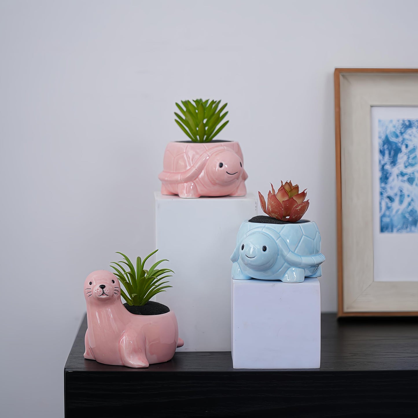 SJBAG Turtle Shaped Ceramic Succulent Planter with Drainage Holes, Hand - Painted Animal Pot for Indoor Cactus & Succulents, Unique Home Decor & Gift (4.3" Blue)