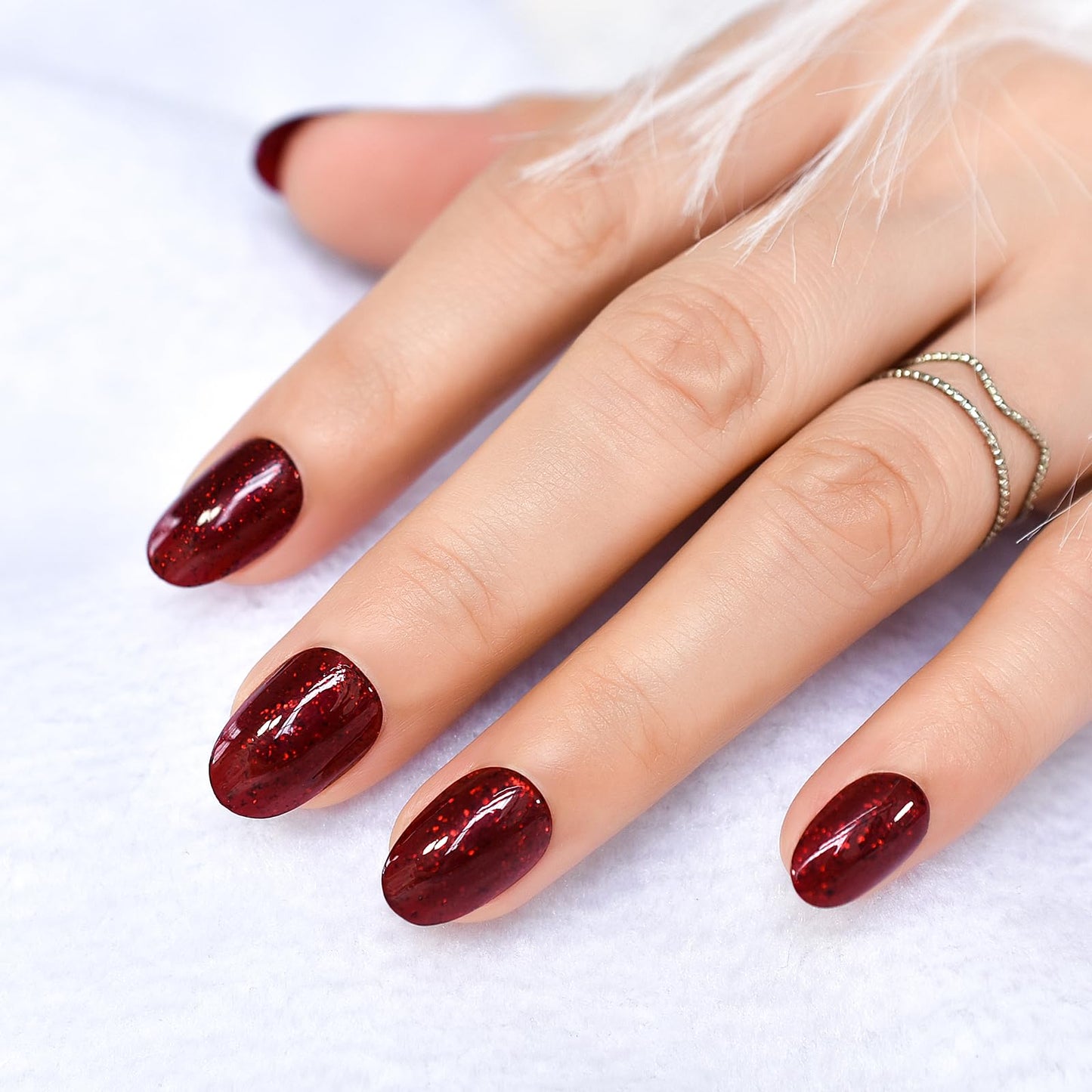 Pure Dark Wine Red Press on Nails - iBeautying False Nails - Glossy Finish Finger Daily Wear Nail - Short Oval Acrylic Reusable Fake Nails 24pcs