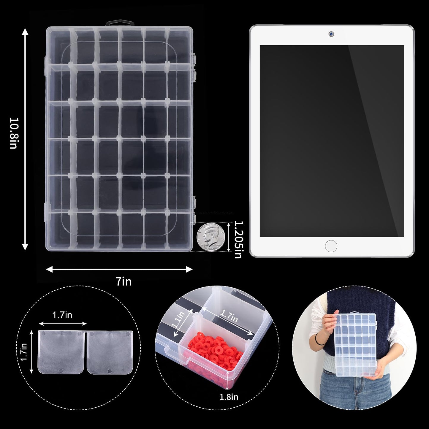 2 Pack Clear Bead Organizer Tackle Box with Adjustable Dividers for Jewelry Art Craft Containers 36 Grids Compartment with 5 Sheets Label Stickers