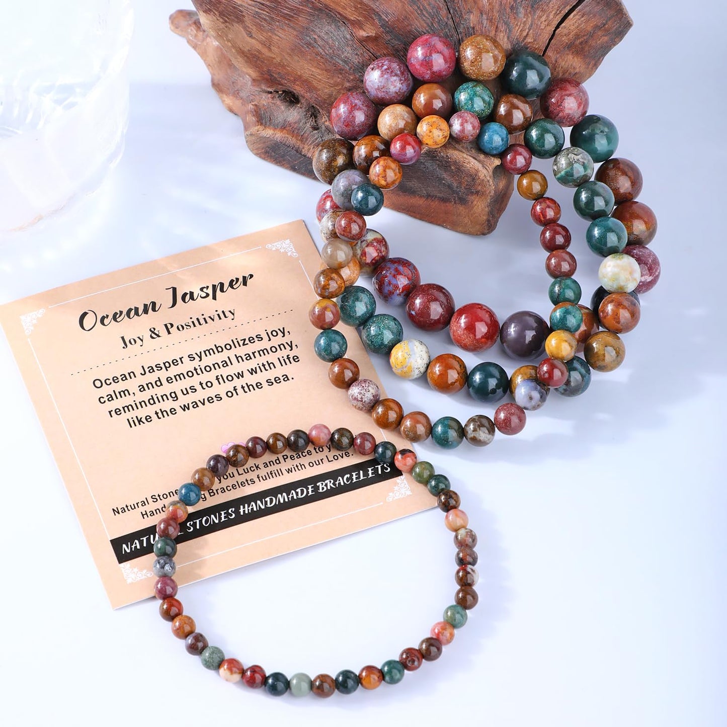AD Beads 4mm Handmade Ocean Jasper Elastic Bracelet – Natural Gemstone for Joy & Positivity – Meditation, Yoga, Healing and Energy Gift for Men Women