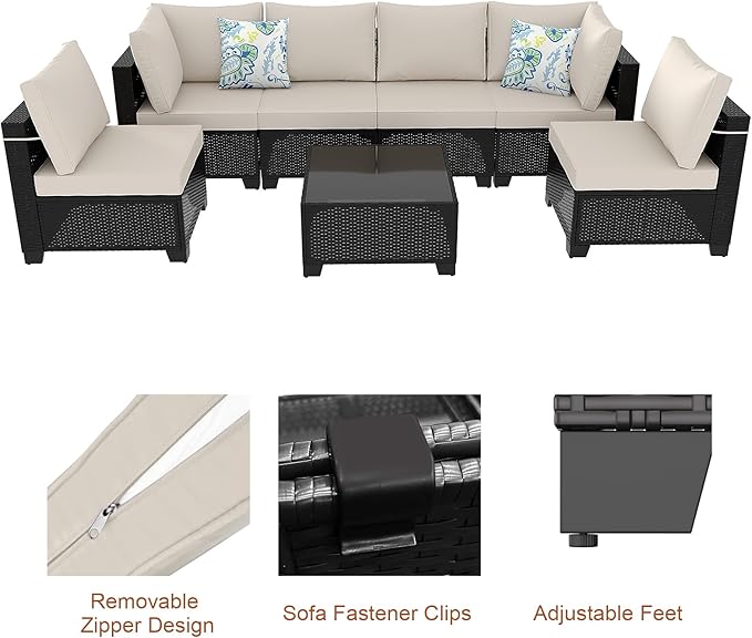 Outdoor Wicker Patio Furniture Set, Rattan Sectional Sofa Set with Thick Cushions (Coffee/Beige, 7 Piece Sofa Set)