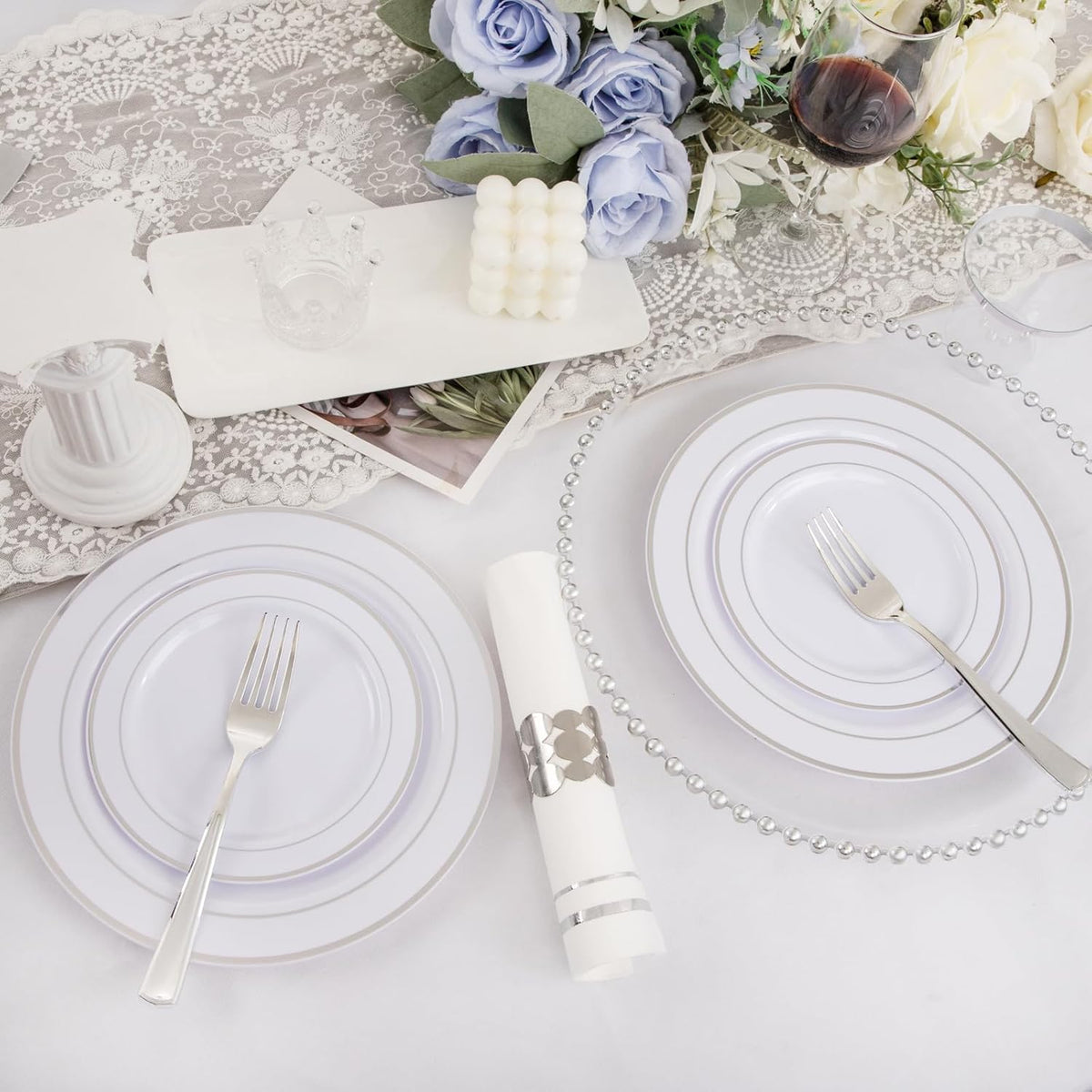 GATHER 350PCS Silver Plastic Plates - White and Silver Disposable Plates for 50 Guests Includes 50 Dinner Plates 50 Dessert Plate 50 Napkins 150 Silvery Cutlery and 50 Cups for Wedding & Party