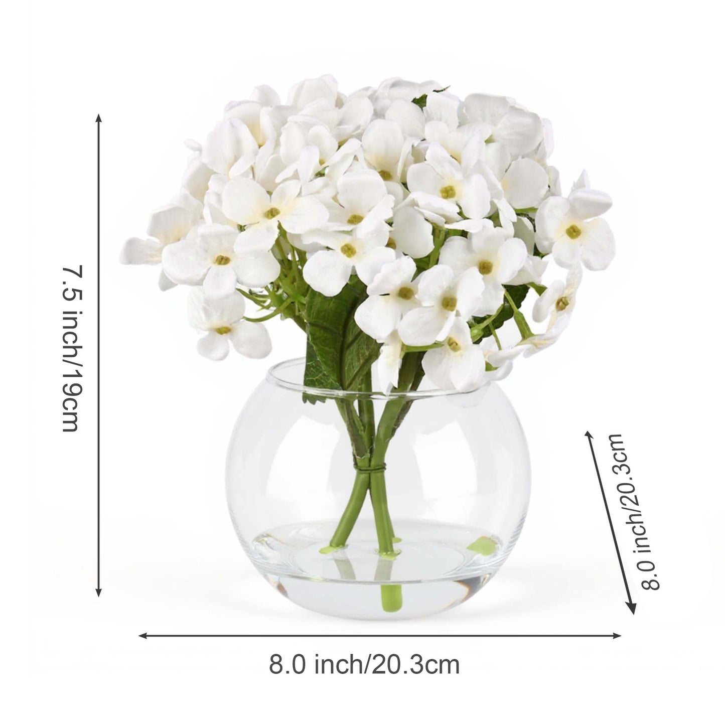 CZWBE 2 Pcs Hydrangea Artificial Flowers - Fake Flowers Real Touch Floral Arrangement with Faux Water in Glass Vase, Home, Bathroom and Office Table Centerpiece Decor（White）