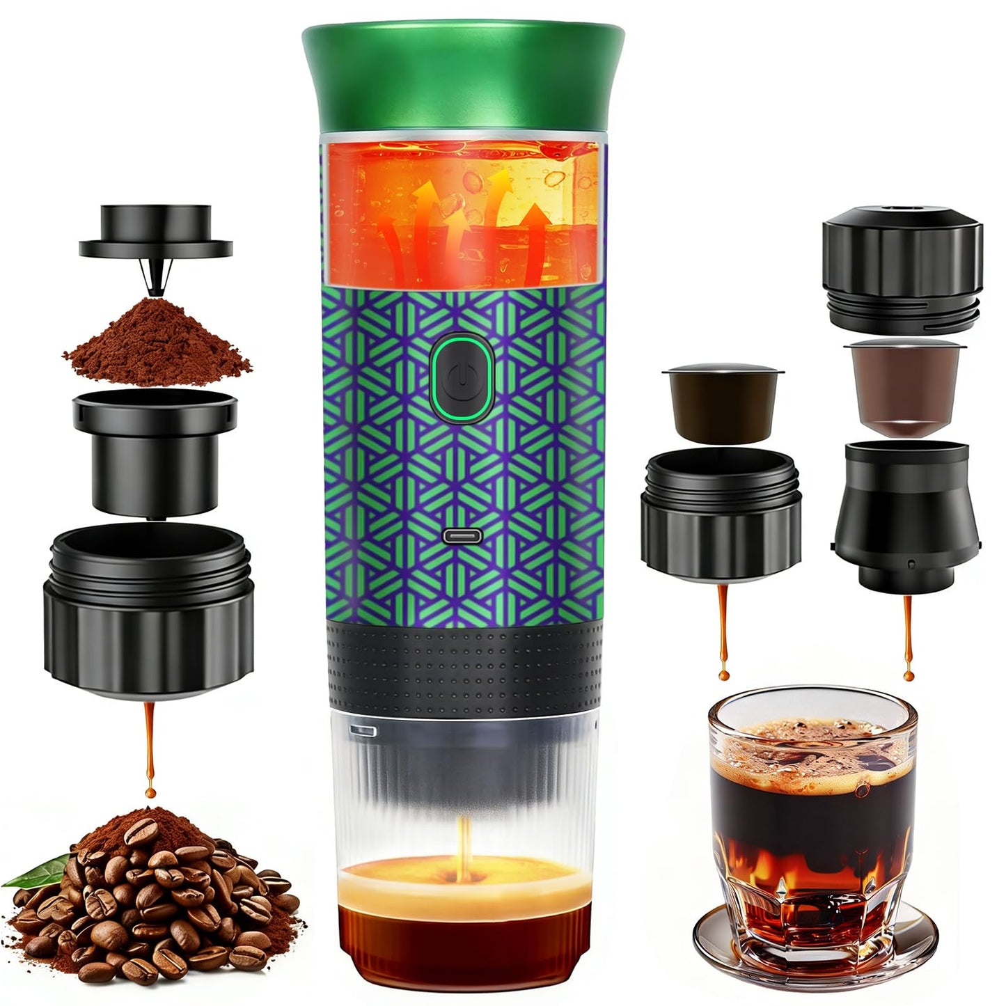 HX HECLX Coffee Maker Gift Set for Camping,Battery Powered Portable Electric Espresso Machine, Rechargeable Coffee Maker Self Heating Ground Coffee Capsule for RV, Hiking (Green mix Black)