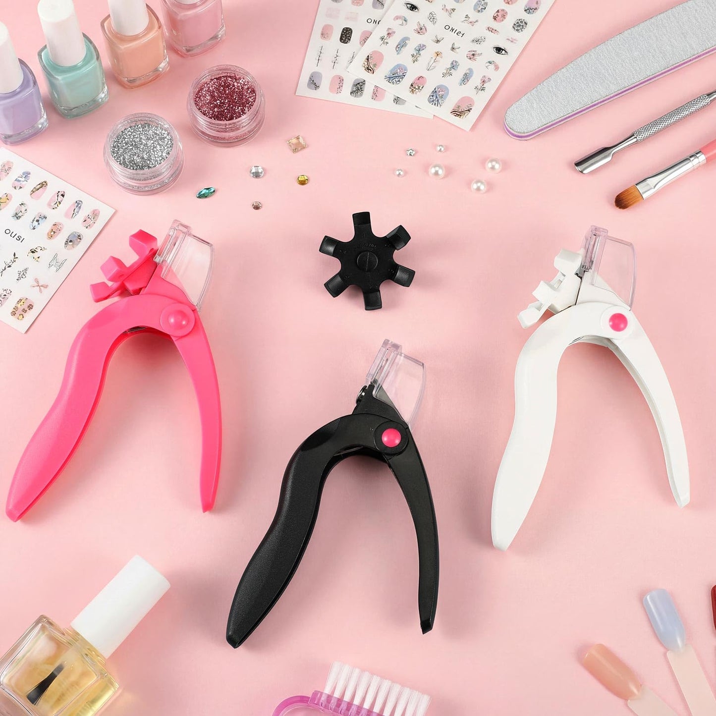 Yaomiao 3 Pcs False Premium Nail Clipper with Size Adjuster for Acrylic Nail Tips Cutter Rustproof Stainless Steel Trimmer Manicure Tool for Salon Artificial Tips Blade Clip (Black, Pink, White)