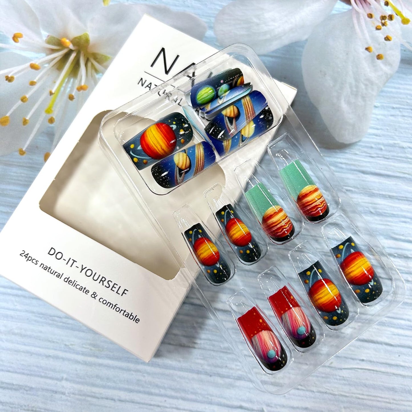 CJDLTS Planet Press on Nails Medium Ballet Shaped Colorful Planet Pattern Design Full Cove Glossy Acrylic Fake Nail Artificial Press Ons Stick on Nails DIY Reusable Glue on Nails for Women 24Pcs