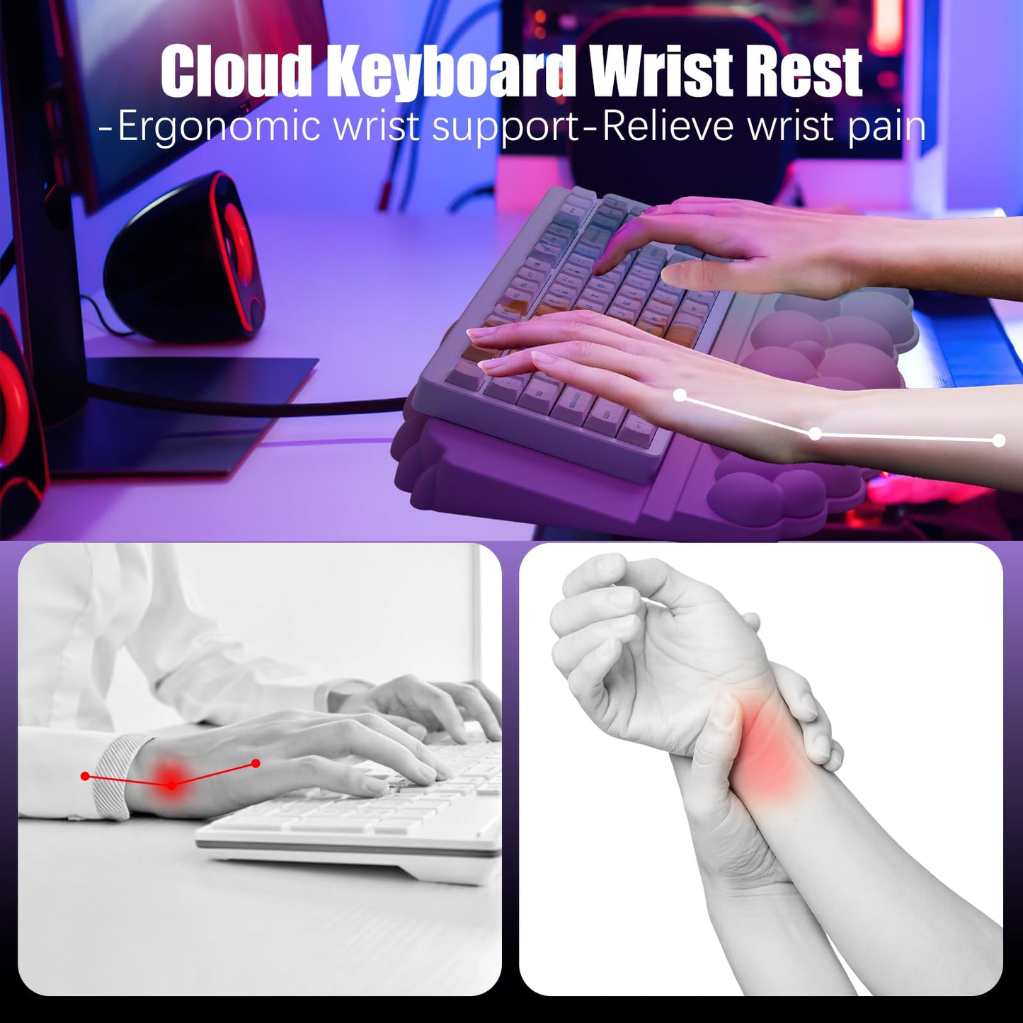 Ergonomic Wrist Rest for Keyboard, Soft Memory Foam Cloud Keyboard Stand Pad with Wrist Rest Set with Non-Slip Silicone Base, Easy Typing, Pain Relief, Comfort for Computer Laptop Mac - Rainbow