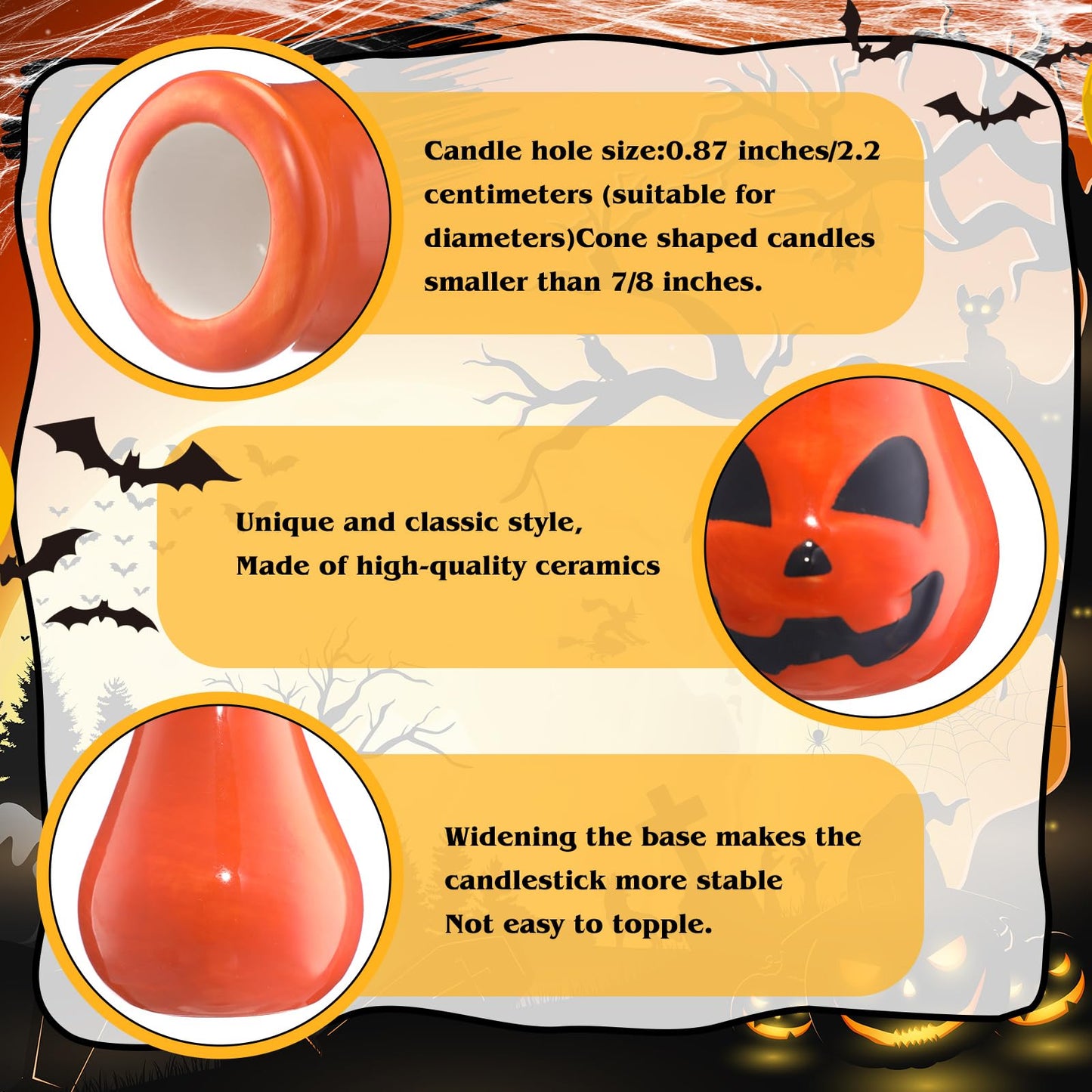 LemonRoad 3 Pcs Fun Halloween Candlestick Holders Pumpkin Wine Glass Candle Stick Holders Ceramic Taper Candle Holder for Halloween Party Holiday Office Home Decor Gift
