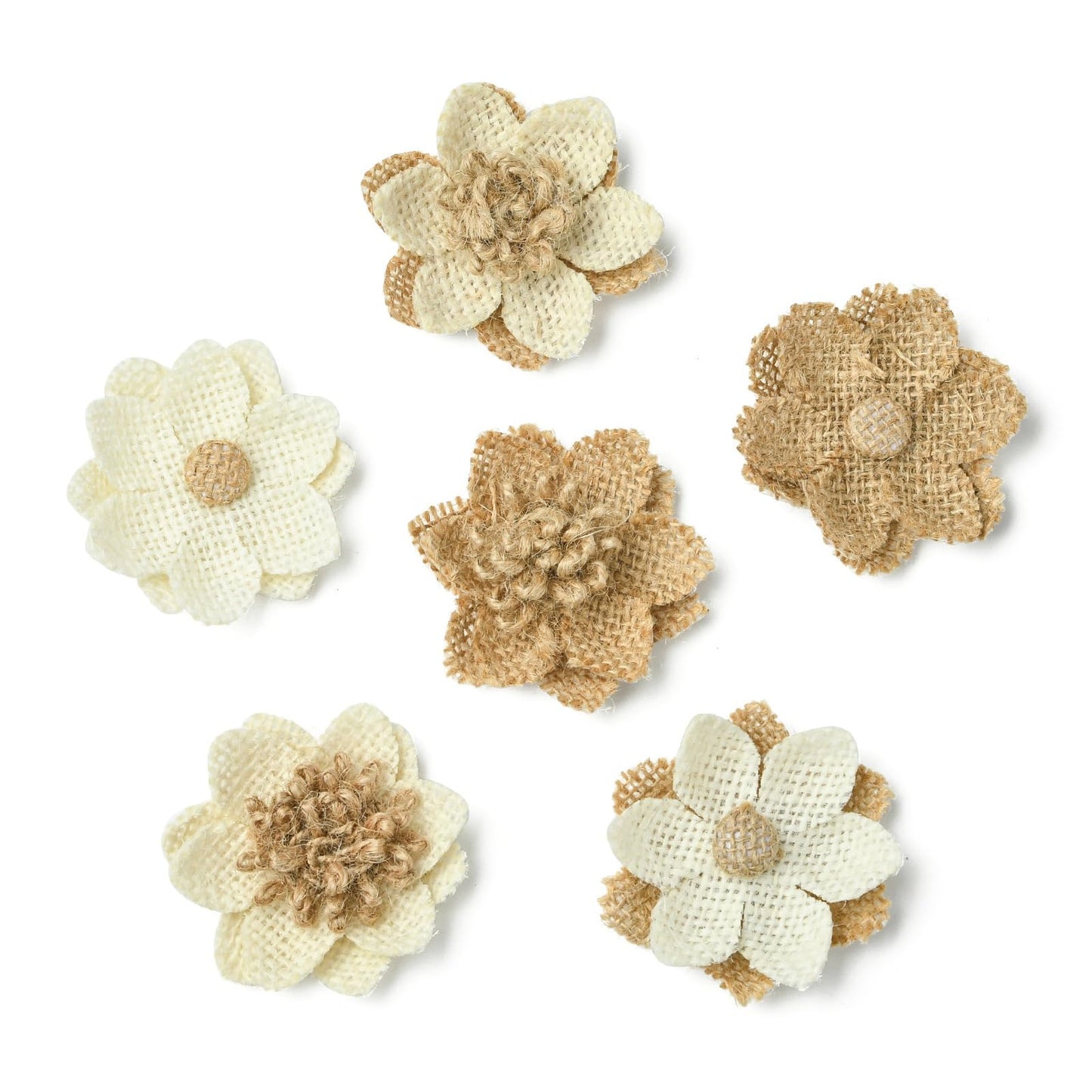 LiQunSweet 24 Pcs 6 Styles Handmade Natural Burlap 3D Fabric Flowers Burlap Rustic Ornament Accessories for Hat DIY Handmade Crafts Home Embellishment Wedding Party Decoration