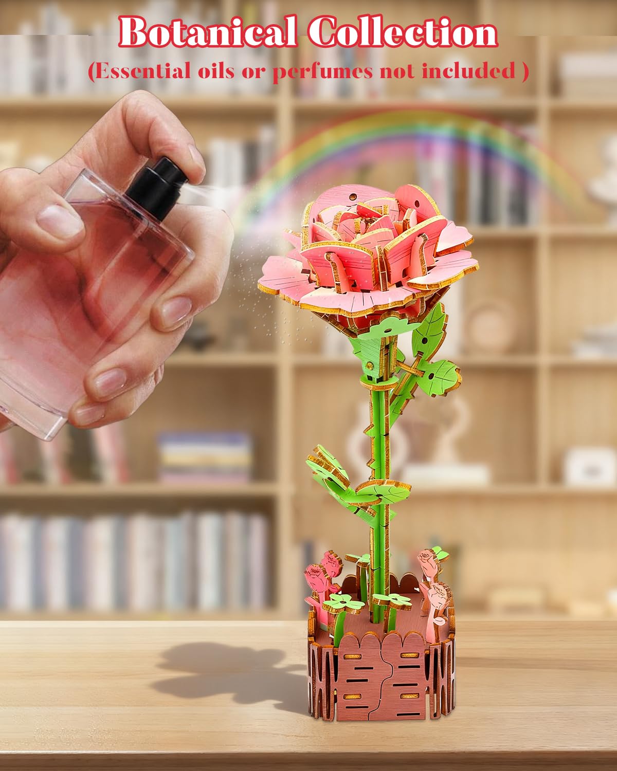 aeloer 3D Wooden Flower Puzzles for Adults - Pink Rose, DIY Model Kit Building Set, Creative Craft for Adults, Unique Botanical Home Office Decor & Relaxing Gift Idea