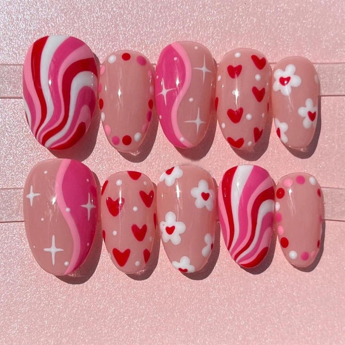 30Pcs Valentines Press on Nails Short Oval Fake Nails with Color Blocking Stripe Heart Flower Designs Cute Pink False Nails Romantic Holiday Artificial Stick on False Nail for Women DIY Manicure Salon