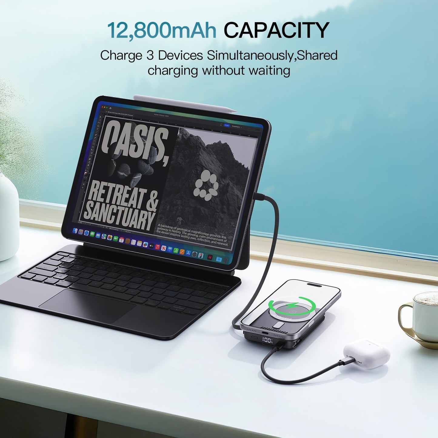 2026 Latest Wireless Power Bank, 12800mAh Portable Charger with Built in Cables, LED Display Magnetic Battery Pack Travel Essentials for iPhone 17/16/15/14/13/12/Pro/Mini/Pro Max Andriod (Black)