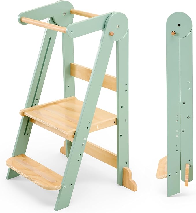 HARPPA Nordi Foldable Toddler Kitchen Tower, Montessori Kitchen Stools Helper, Standing Tower with 3 Adjustable Heights, Suitable Age for 2-6 Years, Sage