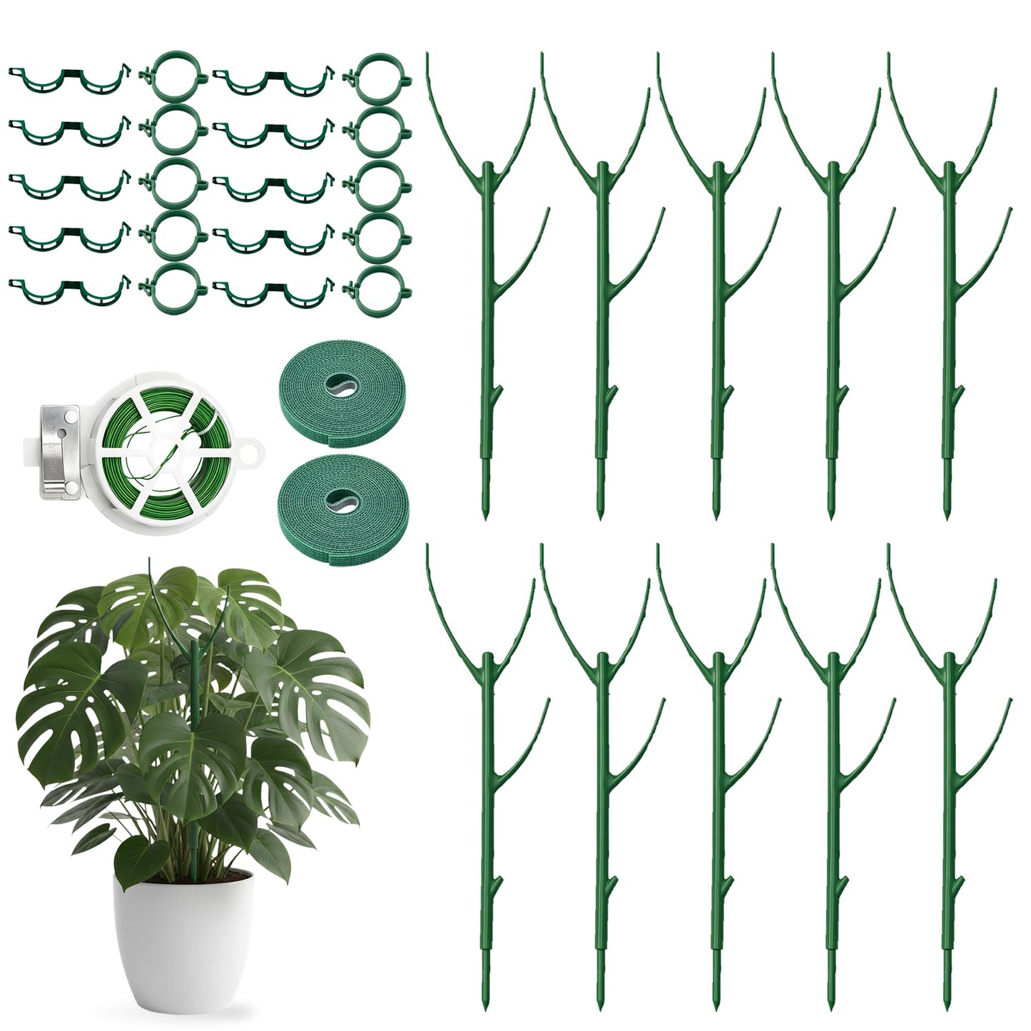 10Pcs Stackable Monstera Plant Support Stakes, Indoor Climbing Poles with Clips and Ties for Potted Plants and Pothos