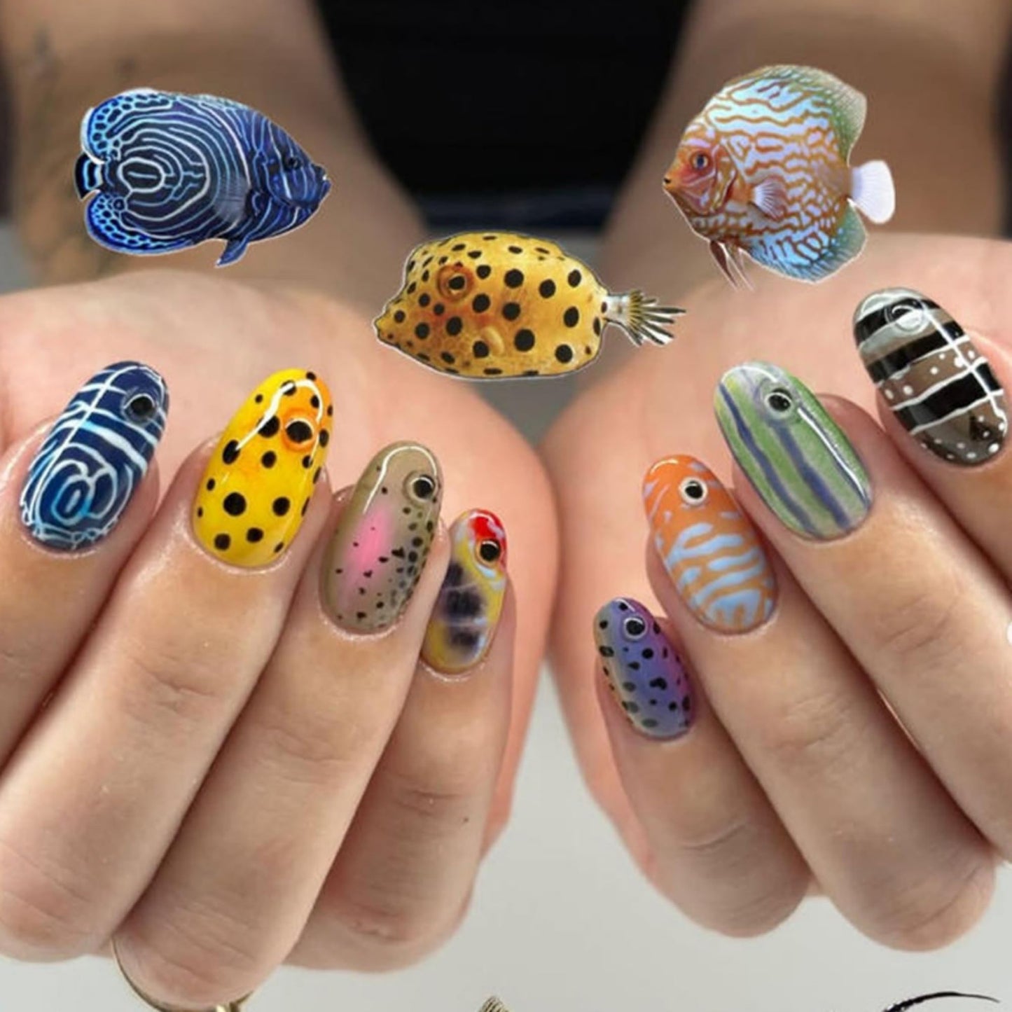 octoswave Long Almond Press on Nails with 3D Fish Patterns - Acrylic Fake Nails for Women, Ideal for Parties, Vacations & Office Wear - 30Pcs
