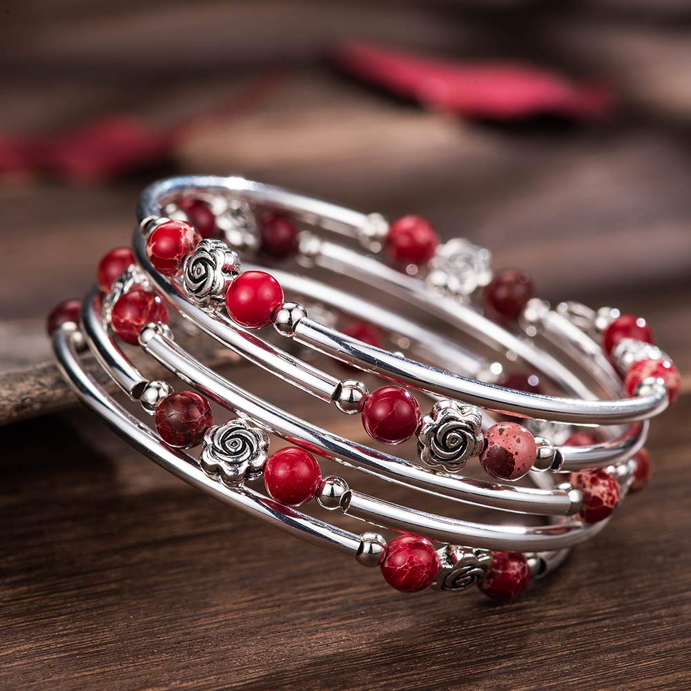 BULINLIN Wrap Bangle Rose Bead Bracelet - Beaded Bracelet with Natural Agate Stone Gifts For Women(01-Imperial red)