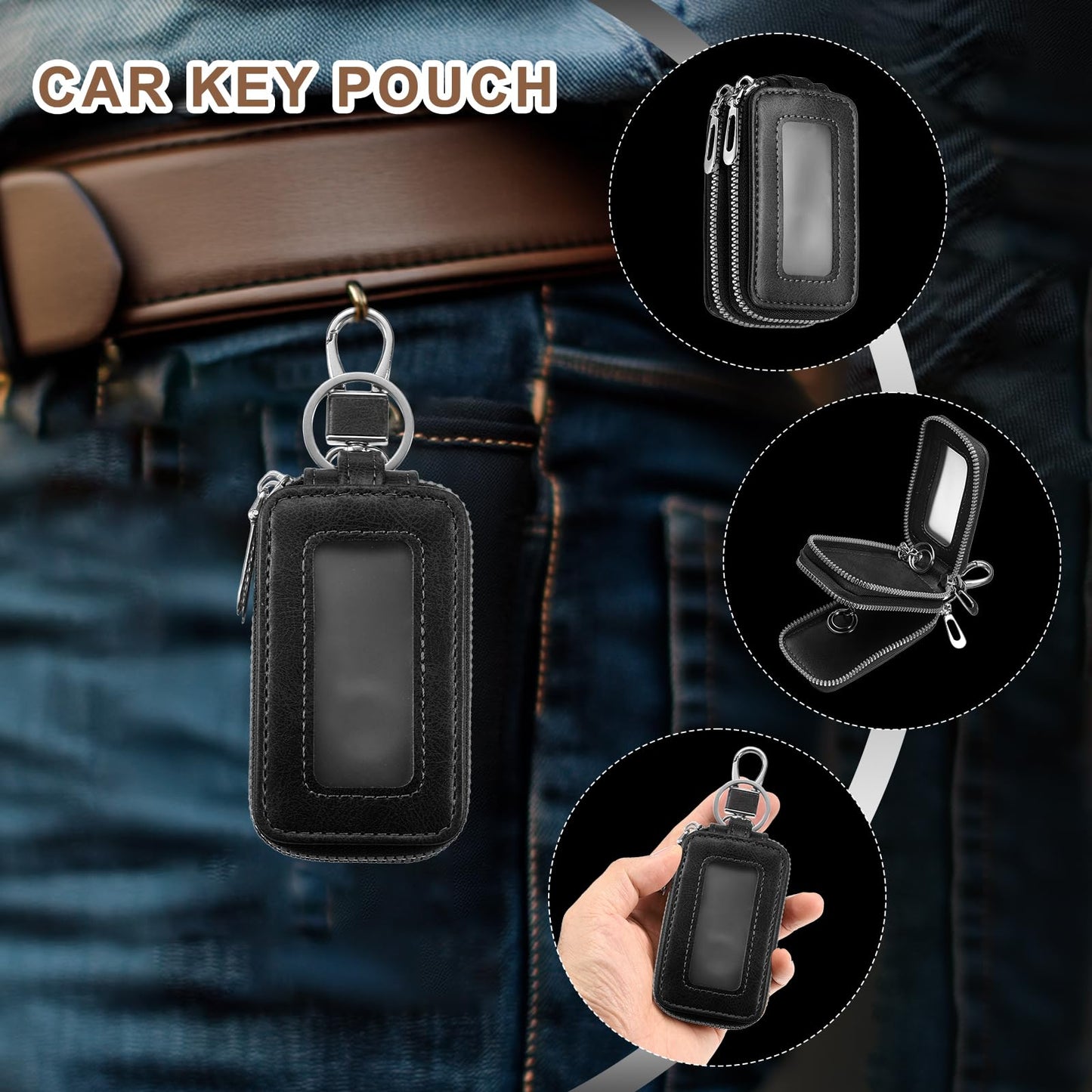 HARFINGTON 2Pcs Double Car Key Fob Case Leather RFID Smart Key Chain Keychain Holder with Metal Hook Keyring Zipper Bag for Remote Key Fob, Black