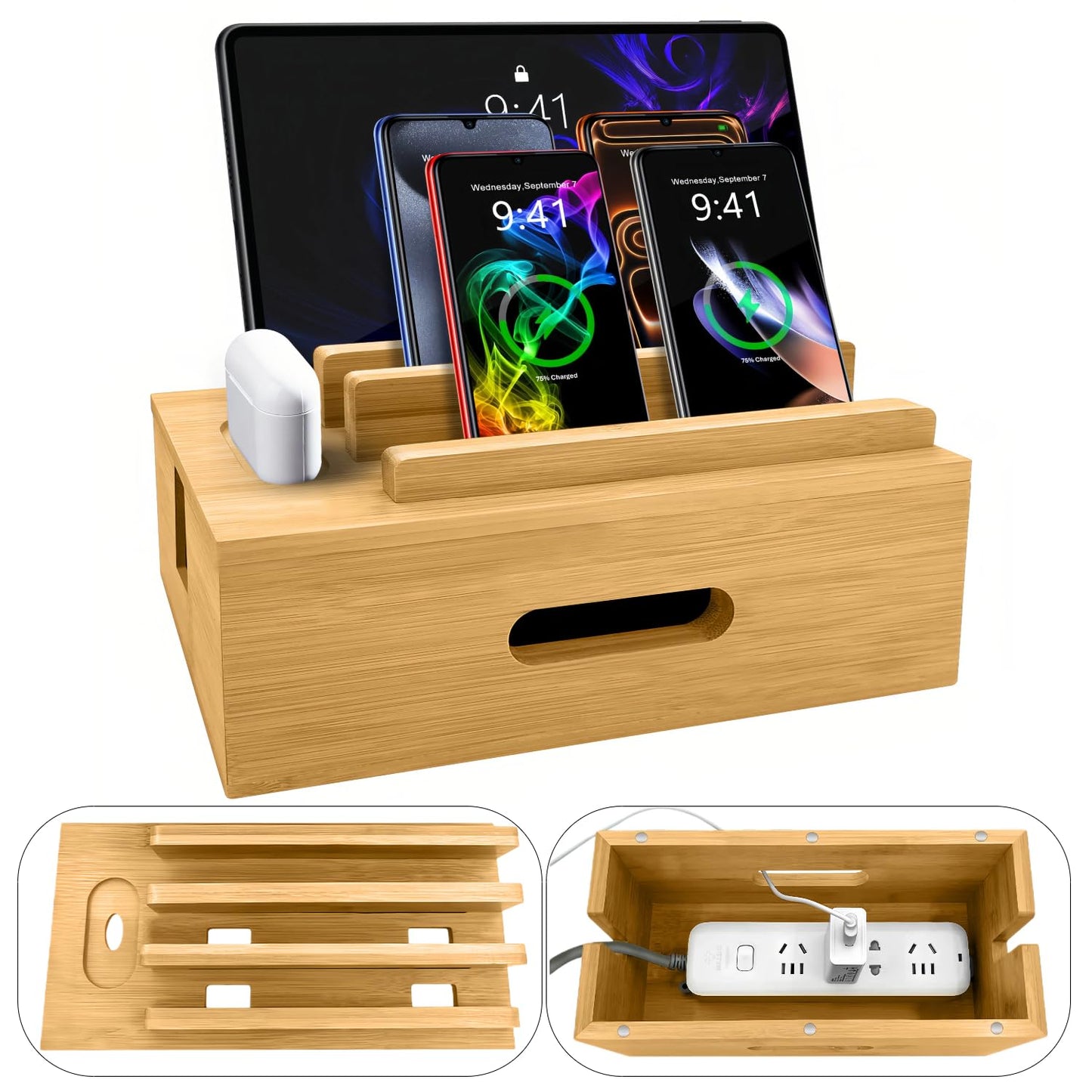 Osmudax Bamboo Charging Station for Multiple Devices, Cable Management Box for Power Strip, USB Charger & USB Charging Hub/Station, Wood Docking Station Desktop Organizer Bedside Table Organizer