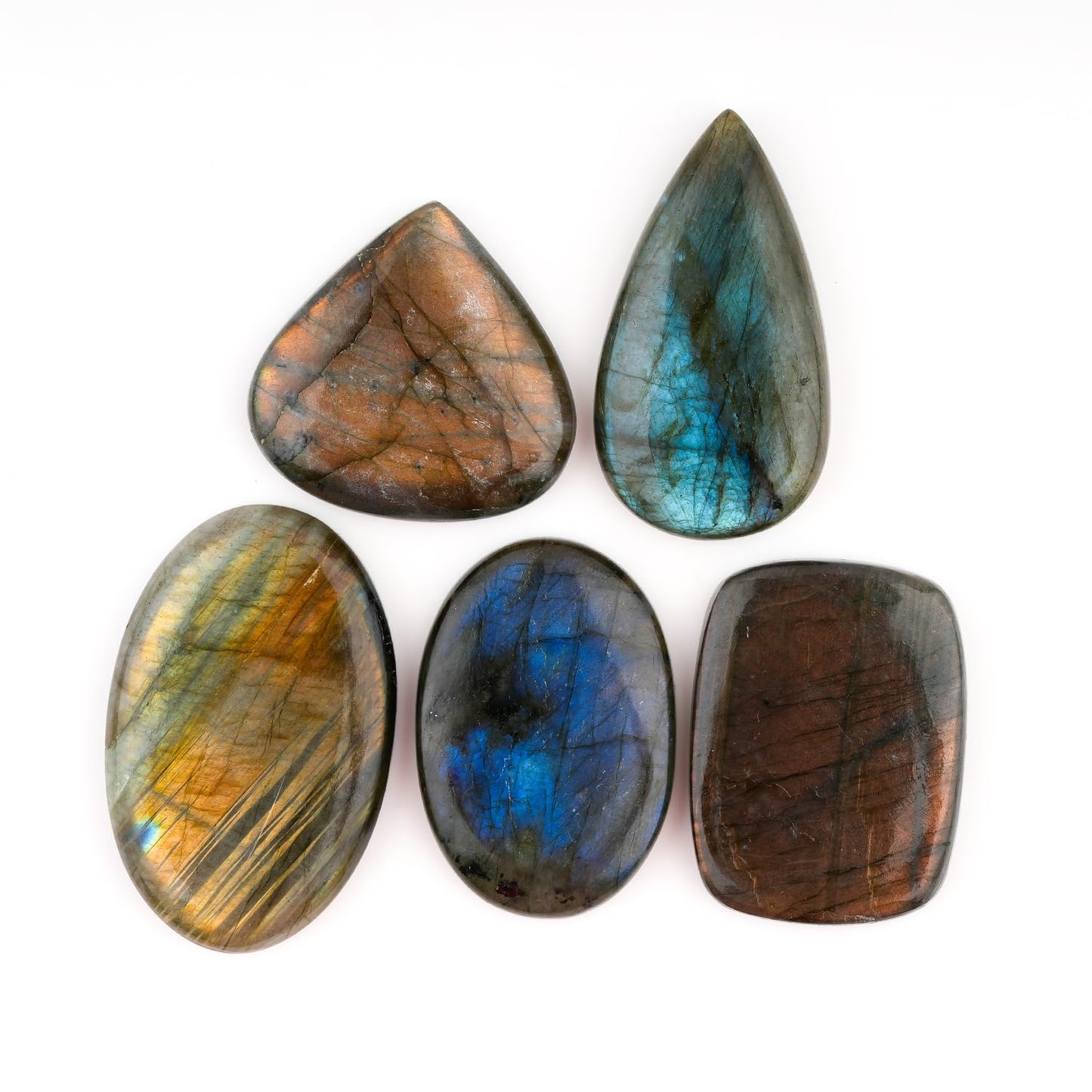CRYSTALINES 5pcs Natural Labradorite Gemstones, Bulk Flatback Cabochon, Polished Stones, DIY Jewelry Making, Healing Crystals, Wholesale Assorted Loose Supply, Wire Wrapping, Gem Collection