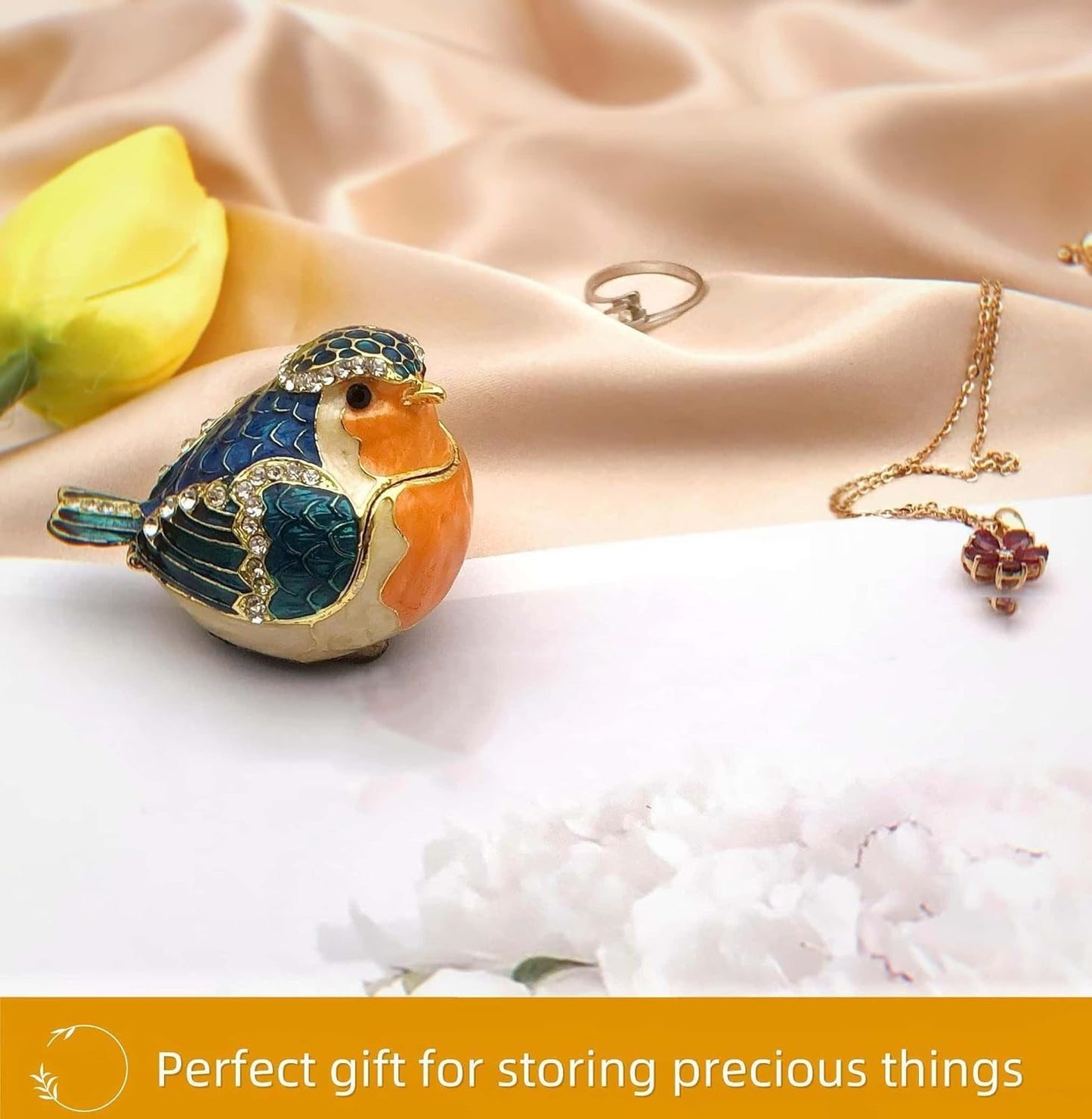 JWT Astyle Robin Bird Hinged Jewelry Box with Stones, Collectible Animal Trinket Box.Rings Earrings Storage Boxes,Bird Figurine Home Decor Gift