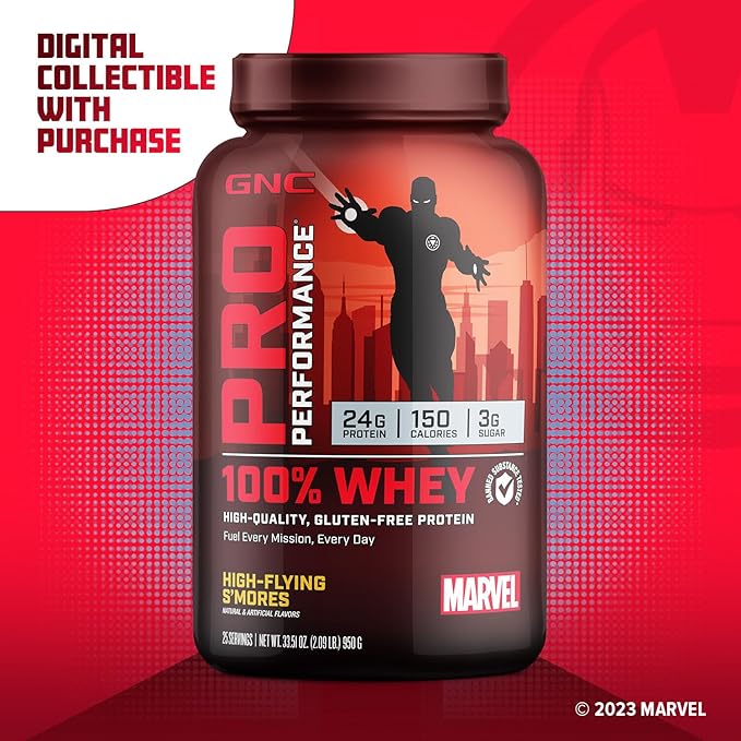 GNC Pro Performance 100% Whey Protein Powder | Supports Healthy Metabolism and Lean Muscle Recovery | Marvel: High-Flying S'Mores | 25 Servings