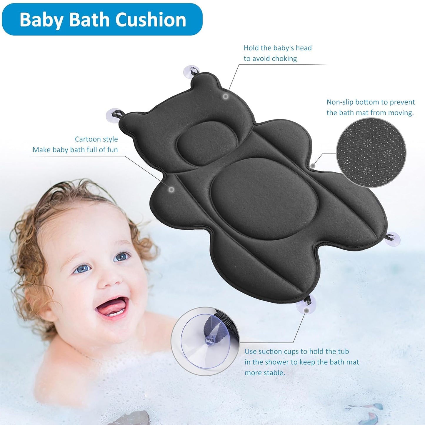 Ihaapsi Infant Baby Bath Cushion,Fits Inside Most Baby Bathtubs, Breathable Soft Baby Bath Support Seat,Baby Bath Pad Bath Pillow for Bathtub,Newborn Bath Mat with 4 Suction Cups (Black)
